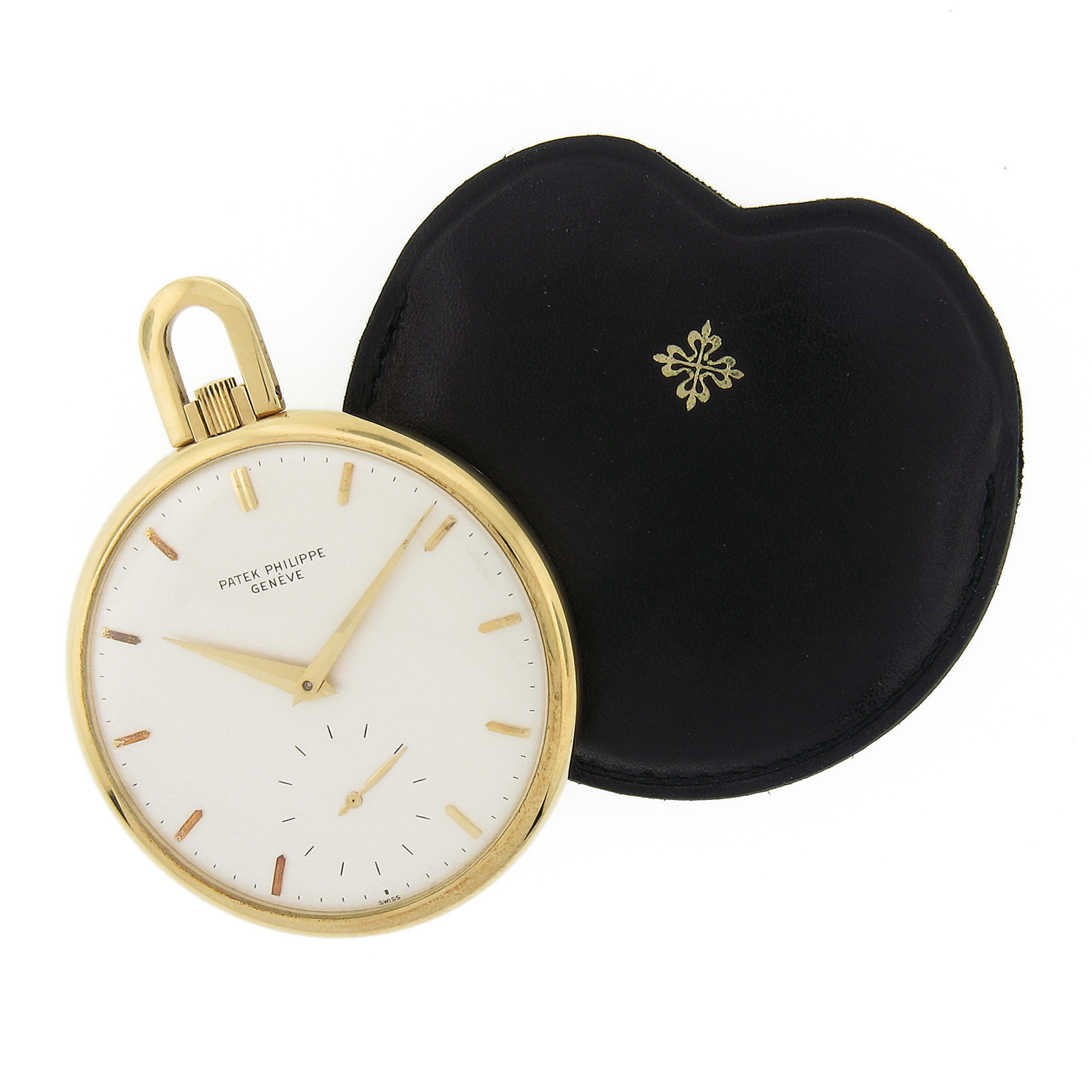This super chic and classy Patek Philippe & Co. pocket watch features a solid 18k yellow gold open face case. The fine Swiss made 18 jewel calibe 17-170 movement winds, sets, and runs smoothly and keeps accurate time. The watch is personalized with
