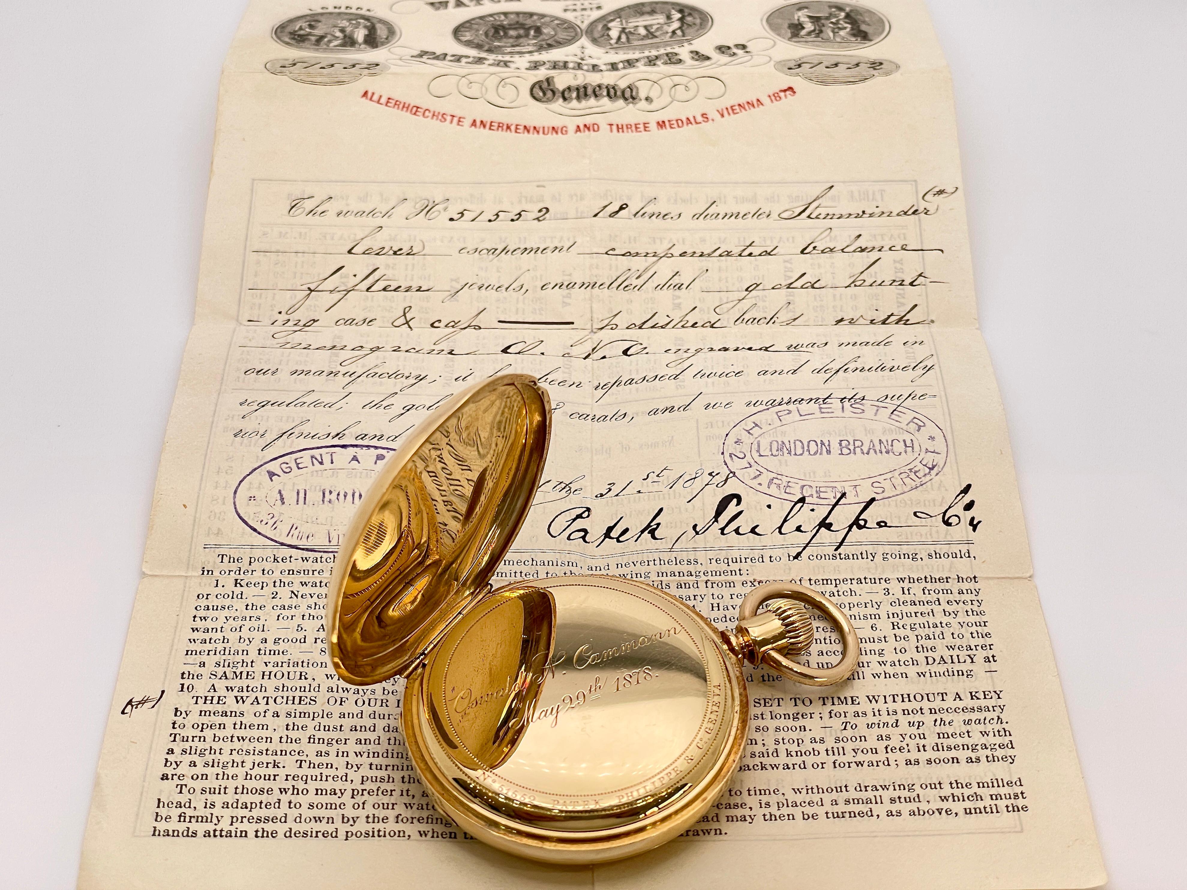 Patek Philippe 18K Yellow Gold Pocket Watch Circa 1878 And Original Certificate For Sale 11