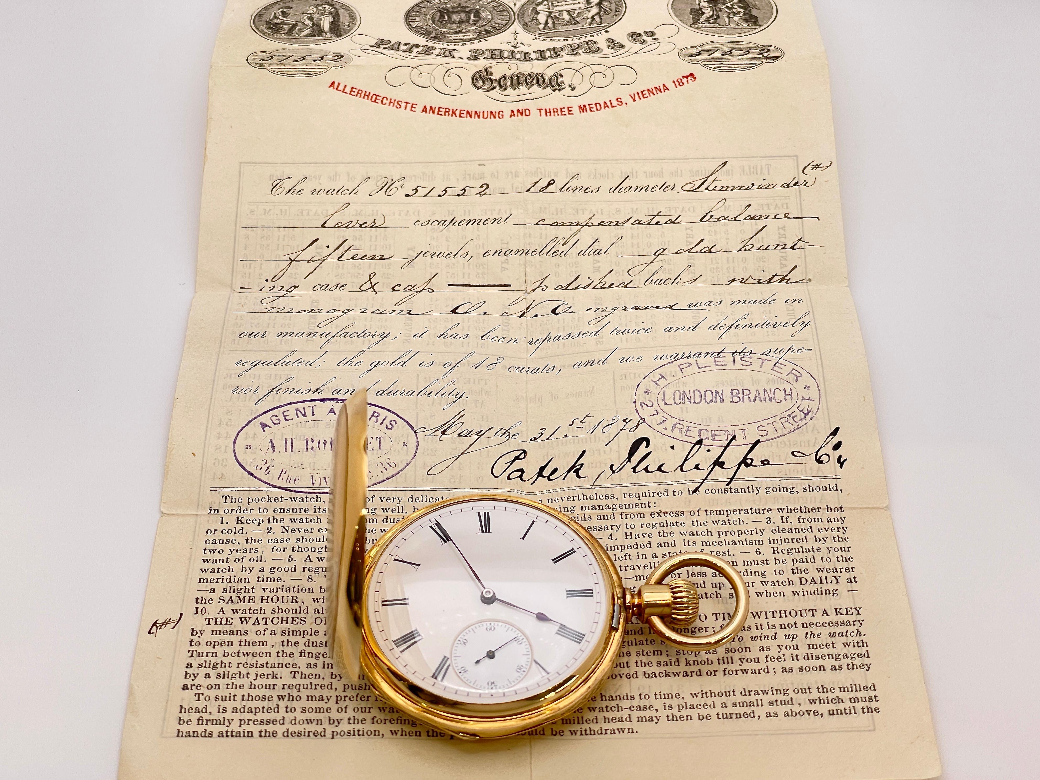 Patek Philippe 18K Yellow Gold Pocket Watch Circa 1878 And Original Certificate For Sale 12