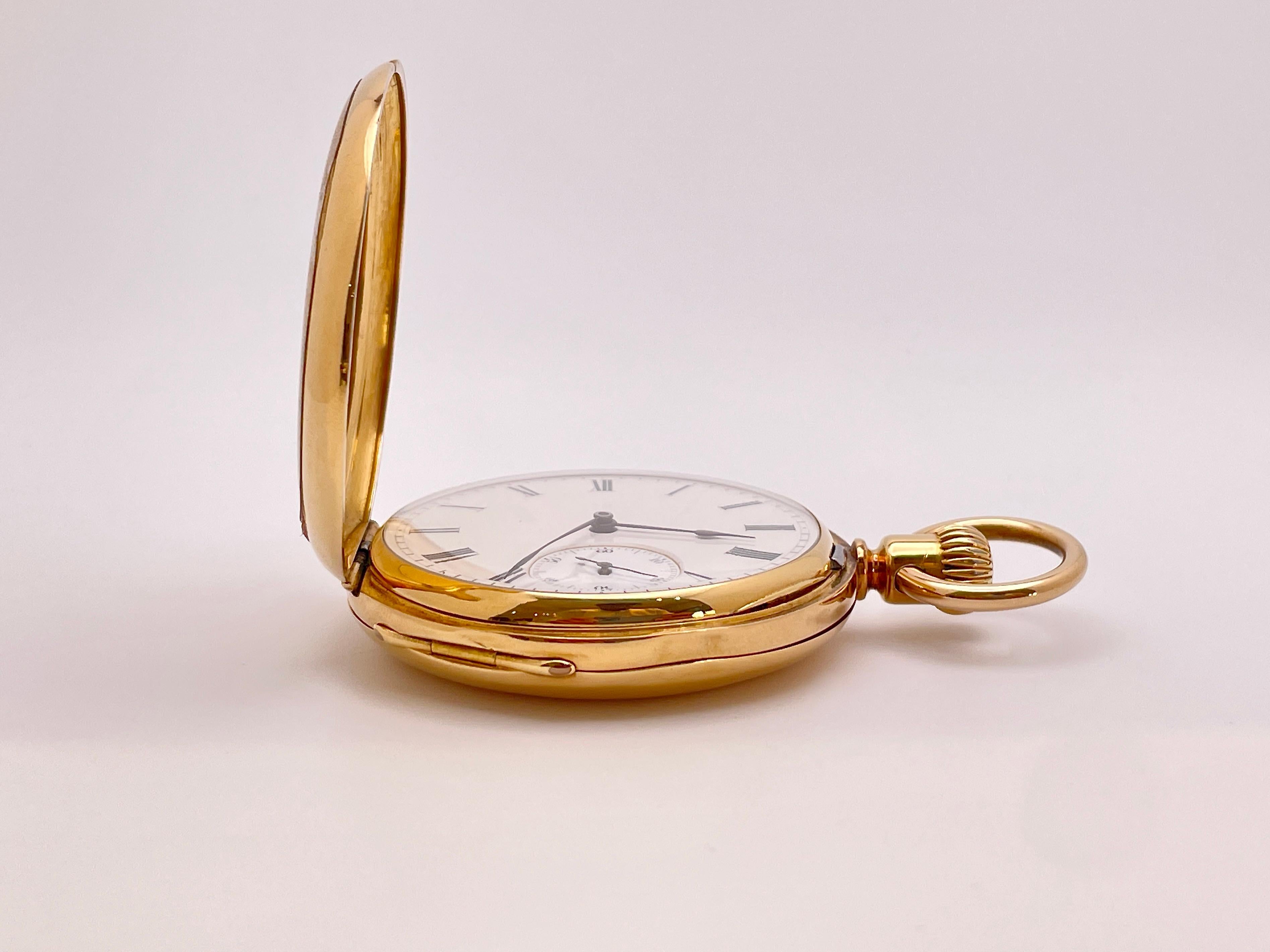 An authentic 18K (Karat) yellow gold Patek Philippe Geneva open-face pocket watch Circa late 1800s, in excellent condition. The dial functions flawlessly and includes a subdial displaying the seconds. This extraordinary timepiece has dual covers,