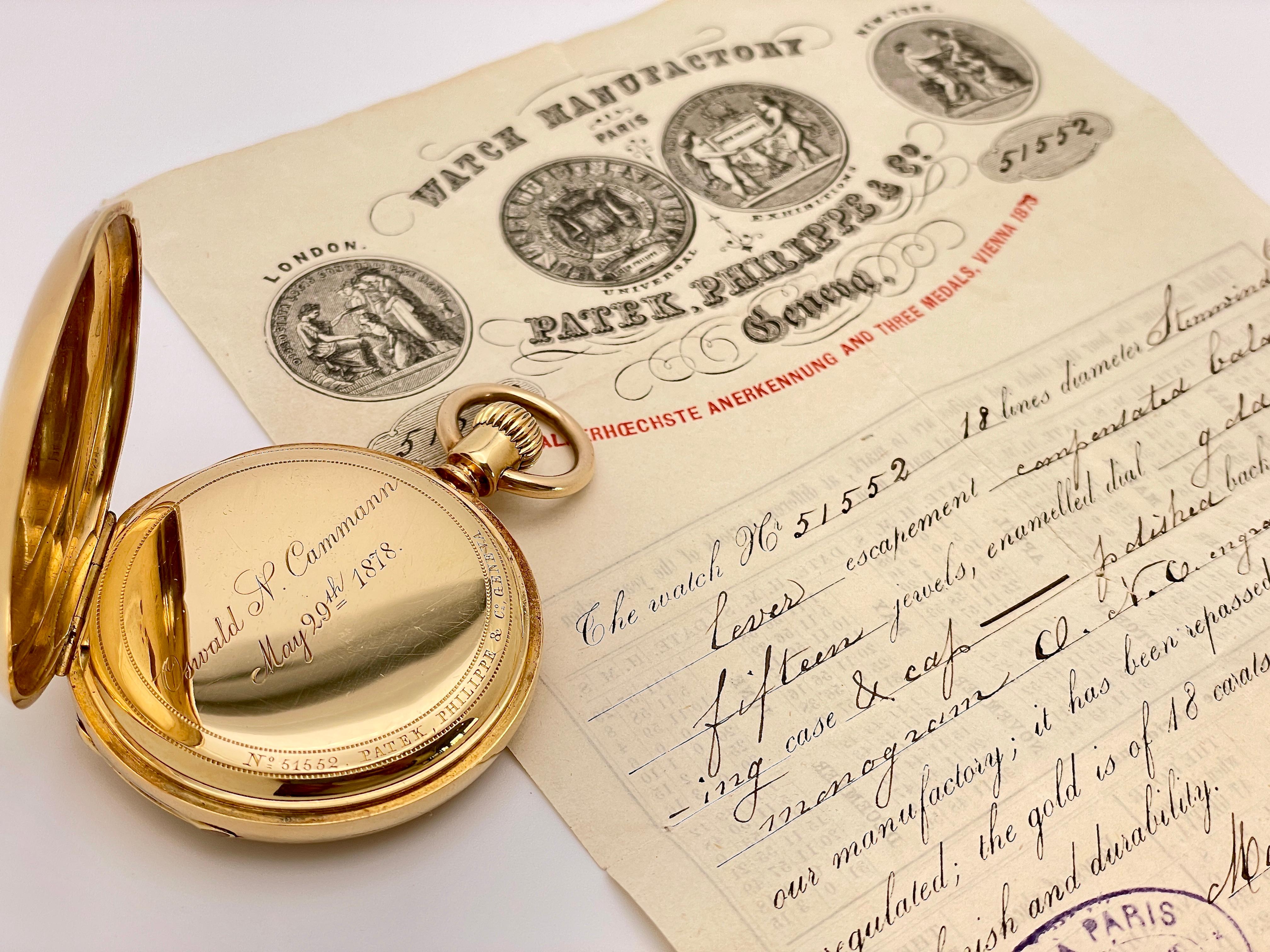 Women's or Men's Patek Philippe 18K Yellow Gold Pocket Watch Circa 1878 And Original Certificate For Sale