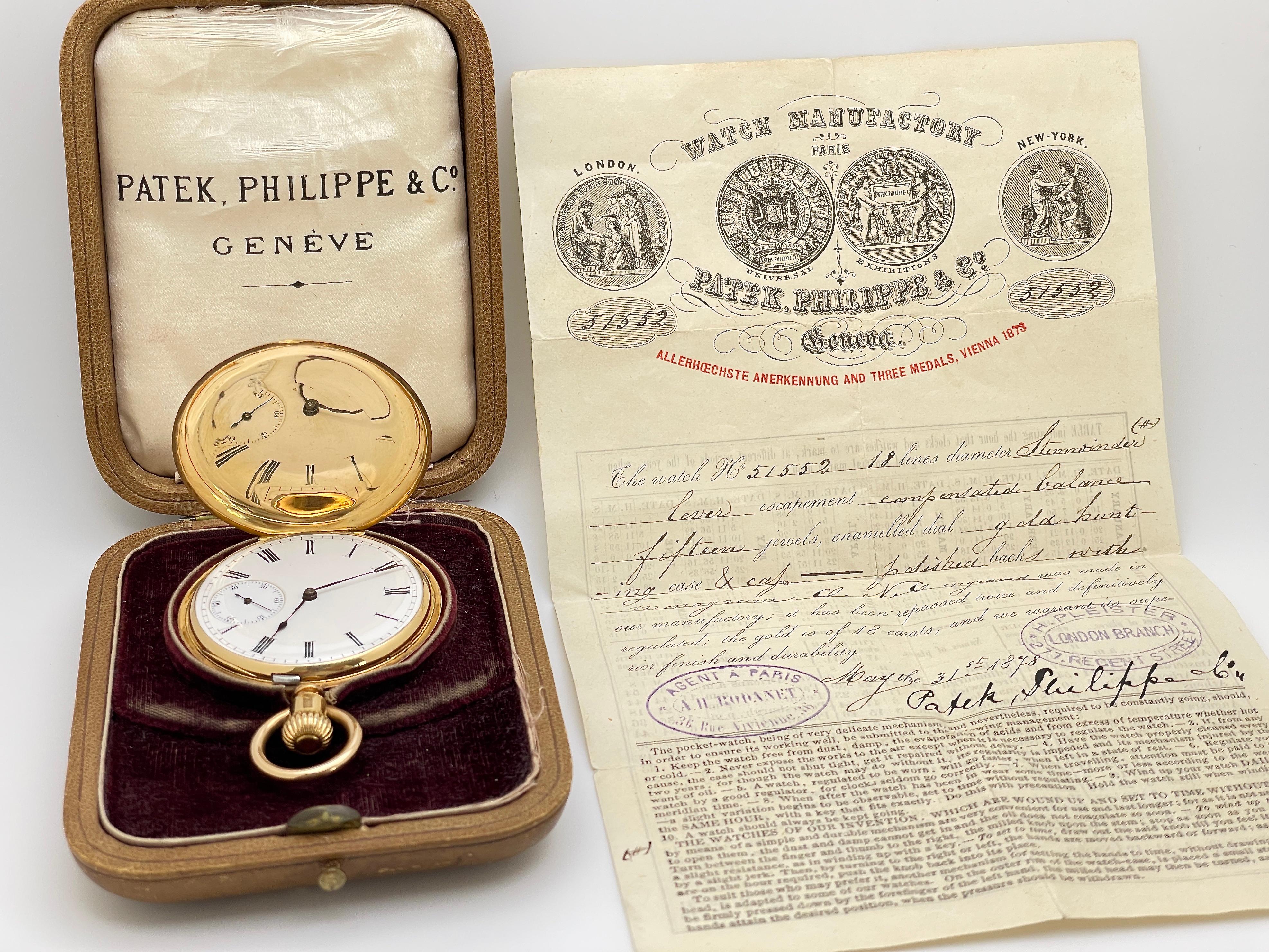 Patek Philippe 18K Yellow Gold Pocket Watch Circa 1878 And Original Certificate For Sale 1