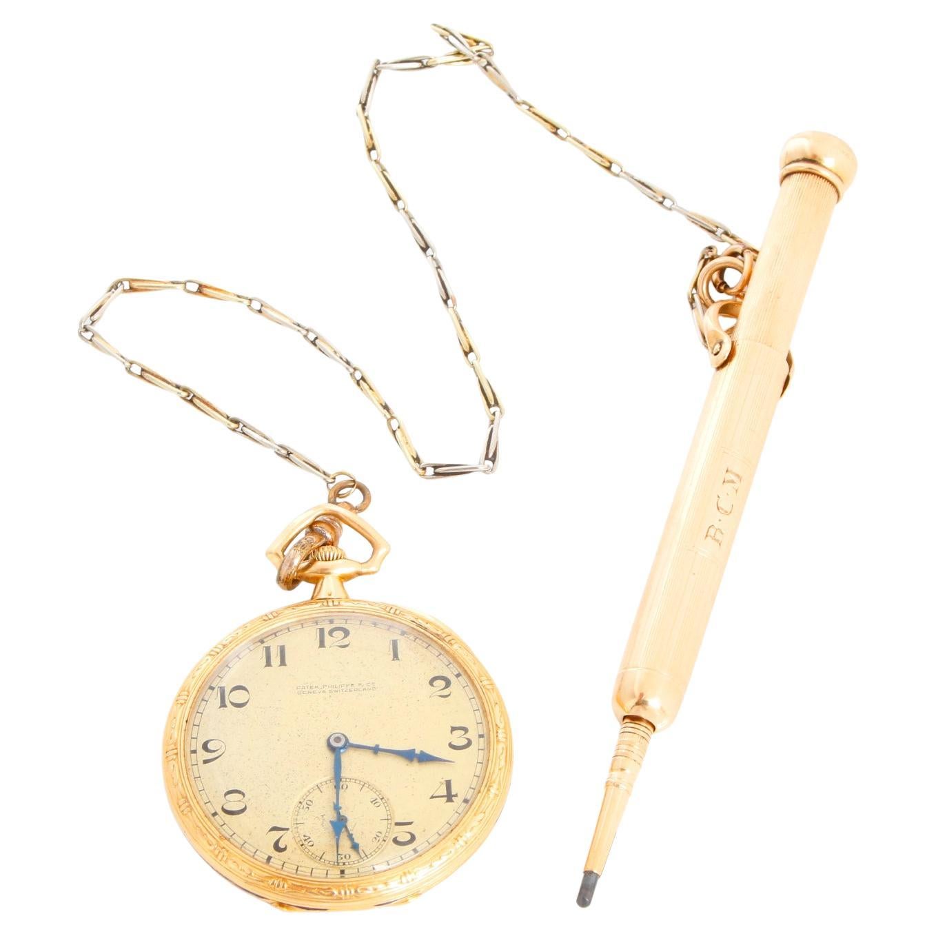 Patek Philippe 18K Yellow Gold Pocket Watch with Pencil & Chain For Sale