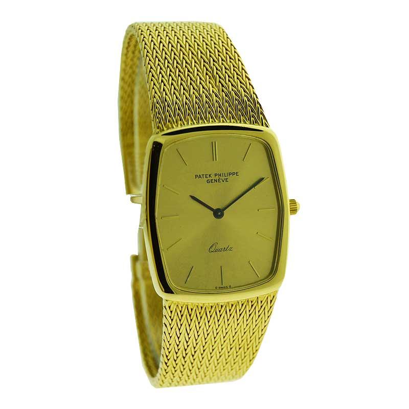 FACTORY / HOUSE: Patek Philippe et Cie
STYLE / REFERENCE: Bracelet Dress Style / 5856-2
METAL / MATERIAL: 18kt Yellow Gold
CIRCA / YEAR: 1981
DIMENSIONS / SIZE: 32mm X 27mm 
MOVEMENT / CALIBER: Patek Quartz Movement 
DIAL / HANDS: Original Gilt with