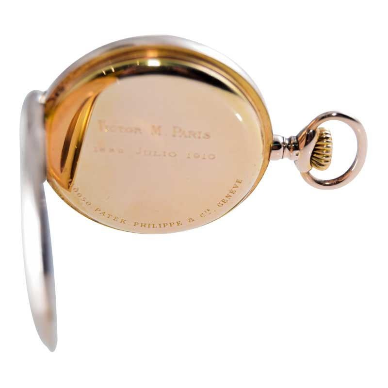 Patek Philippe 18Kt. Hunters Case Pocket Watch with Flawless Enamel Dial ca 1906 In Excellent Condition In Long Beach, CA