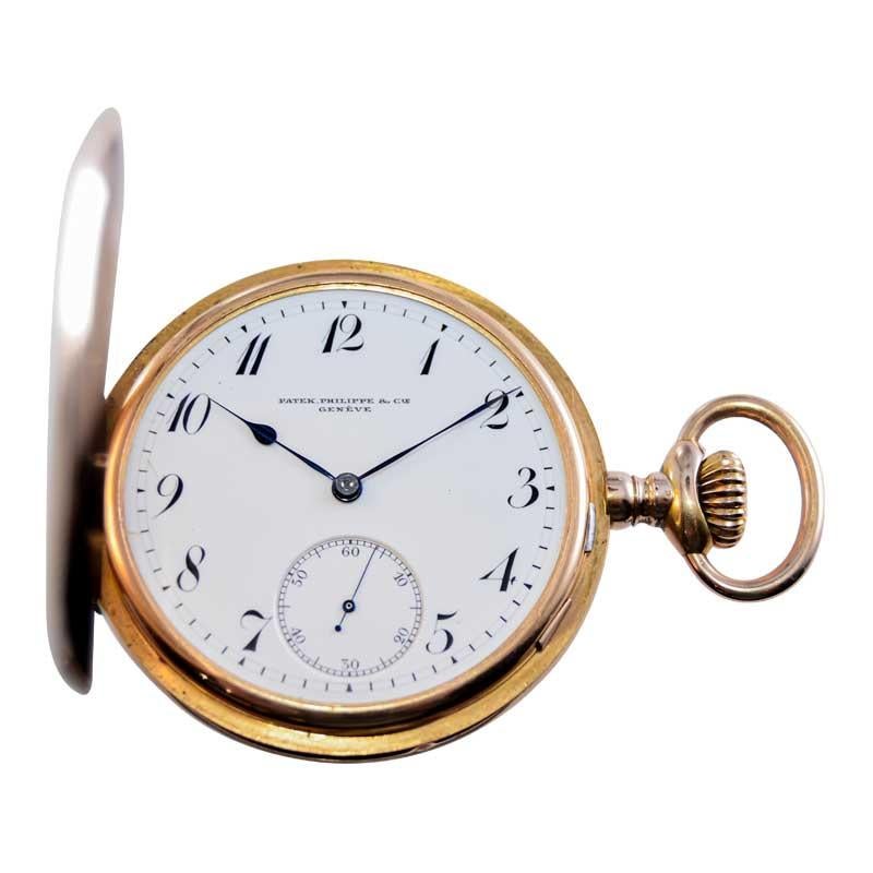 FACTORY / HOUSE: Patek Philippe et Cie
STYLE / REFERENCE: Hunters Case Pocket Watch
METAL / MATERIAL: 18Kt. Yellow Gold
CIRCA / YEAR:  1906 / 08
DIMENSIONS / SIZE:  50mm Diameter
MOVEMENT / CALIBER: Manual Winding / 15 Jewels / High Grade Gilt