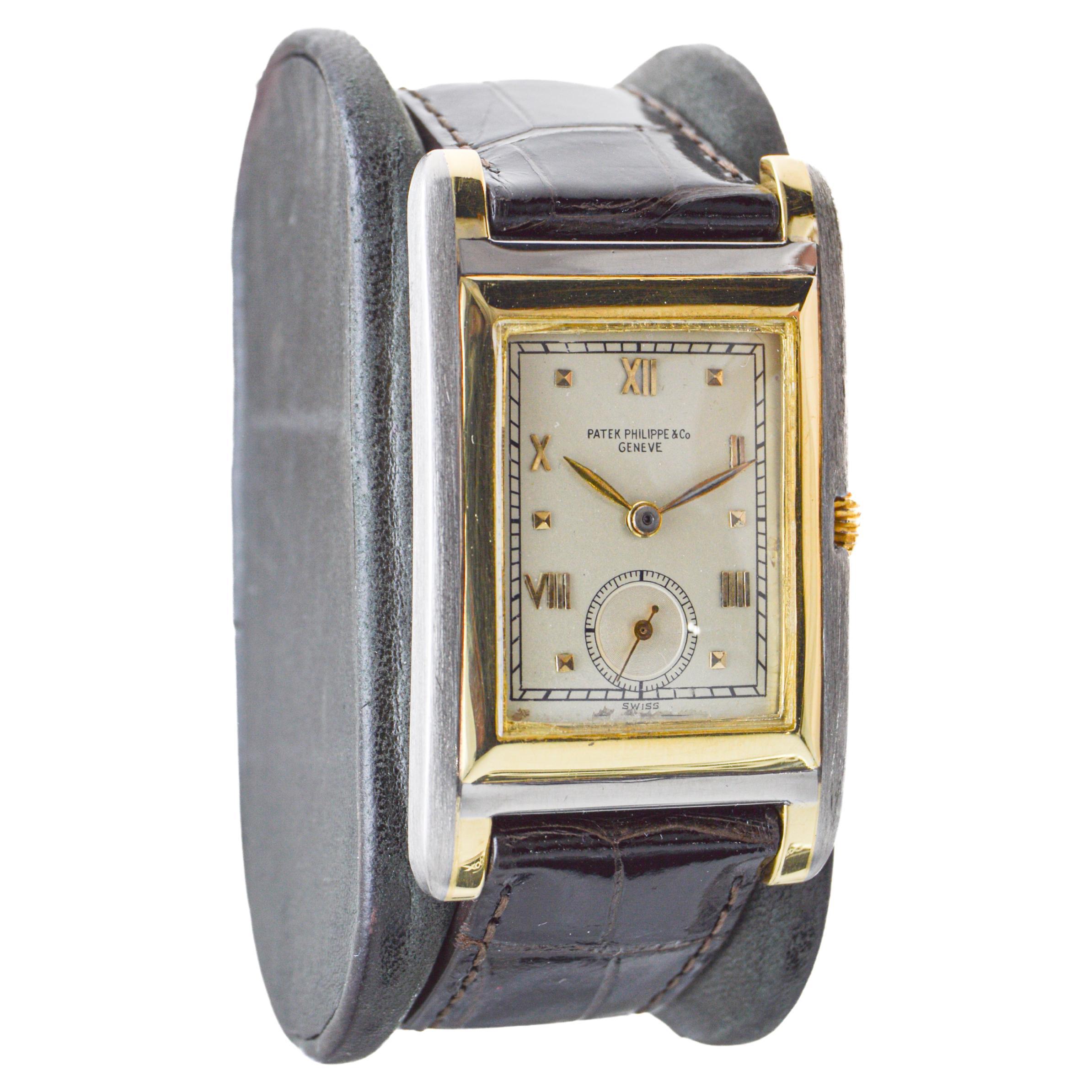 FACTORY / HOUSE: Patek Philippe
STYLE / REFERENCE: Art Deco / Tank Style
METAL / MATERIAL: 18kt Solid Yellow and White Gold
DIMENSIONS: Length 47mm X Width 29mm
CIRCA: 1940's
MOVEMENT / CALIBER: Manual Winding / 18 Jewels / Cal. 9/90
DIAL / HANDS: