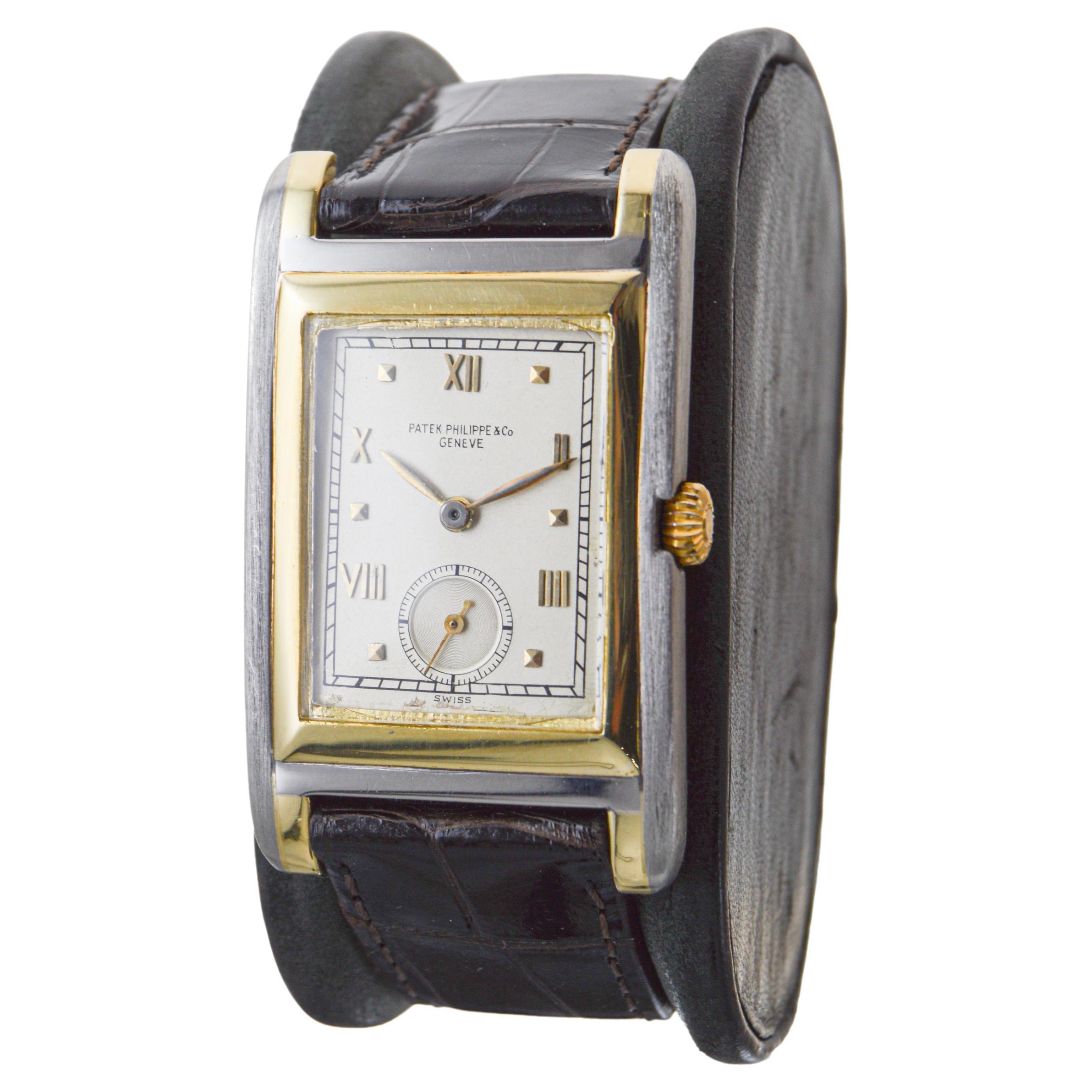 Patek Philippe 18Kt. Zweifarbige übergroße Art-Déco-Armbanduhr aus den 1940er Jahren  im Zustand „Hervorragend“ im Angebot in Long Beach, CA