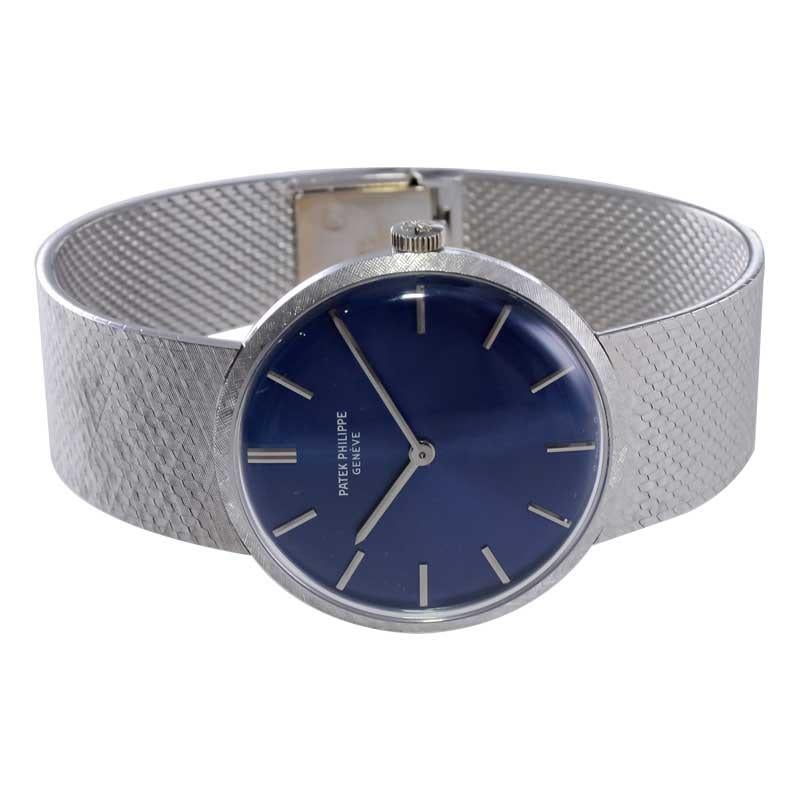 Patek Philippe 18Kt. White Gold with Original Bracelet and Blue Dial, 1970's For Sale 5