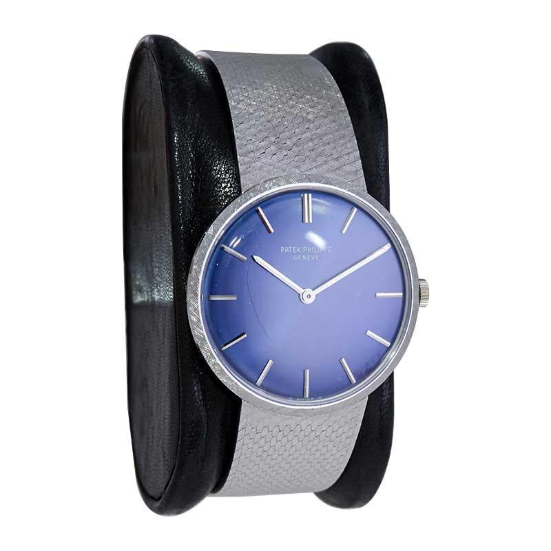 Women's or Men's Patek Philippe 18Kt. White Gold with Original Bracelet and Blue Dial, 1970's For Sale