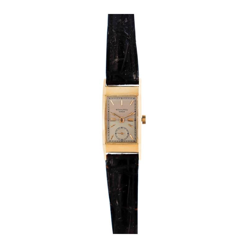 18 Karat Gelbgold Art-déco-Uhr von Patek Philippe mit Originalverpackung und Riemen  im Angebot 8