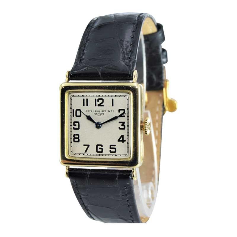 FACTORY / HOUSE: Patek Philippe & Cie.
STYLE / REFERENCE: Tank Style / Art Deco
METAL / MATERIAL: 18kt Yellow Gold 
CIRCA / YEAR: 1924 - 1928
DIMENSIONS / SIZE: 33mm x 25mm 
MOVEMENT / CALIBER: Manual Winding / 15 Jewels 
DIAL / HANDS: Original