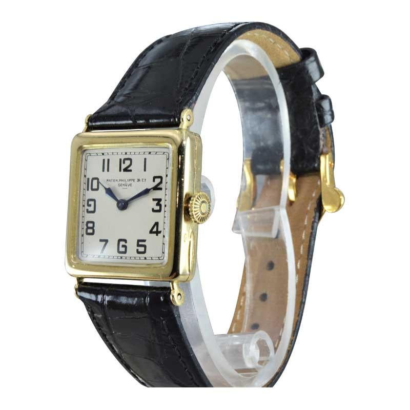 Patek Philippe 18 Karat Yellow Gold Art Deco Wristwatch with Silver Enamel Dial In Excellent Condition In Long Beach, CA