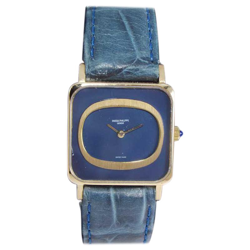 Patek Philippe 18 Karat Gold Dress Style with Original Blue Dial, circa 1990 For Sale