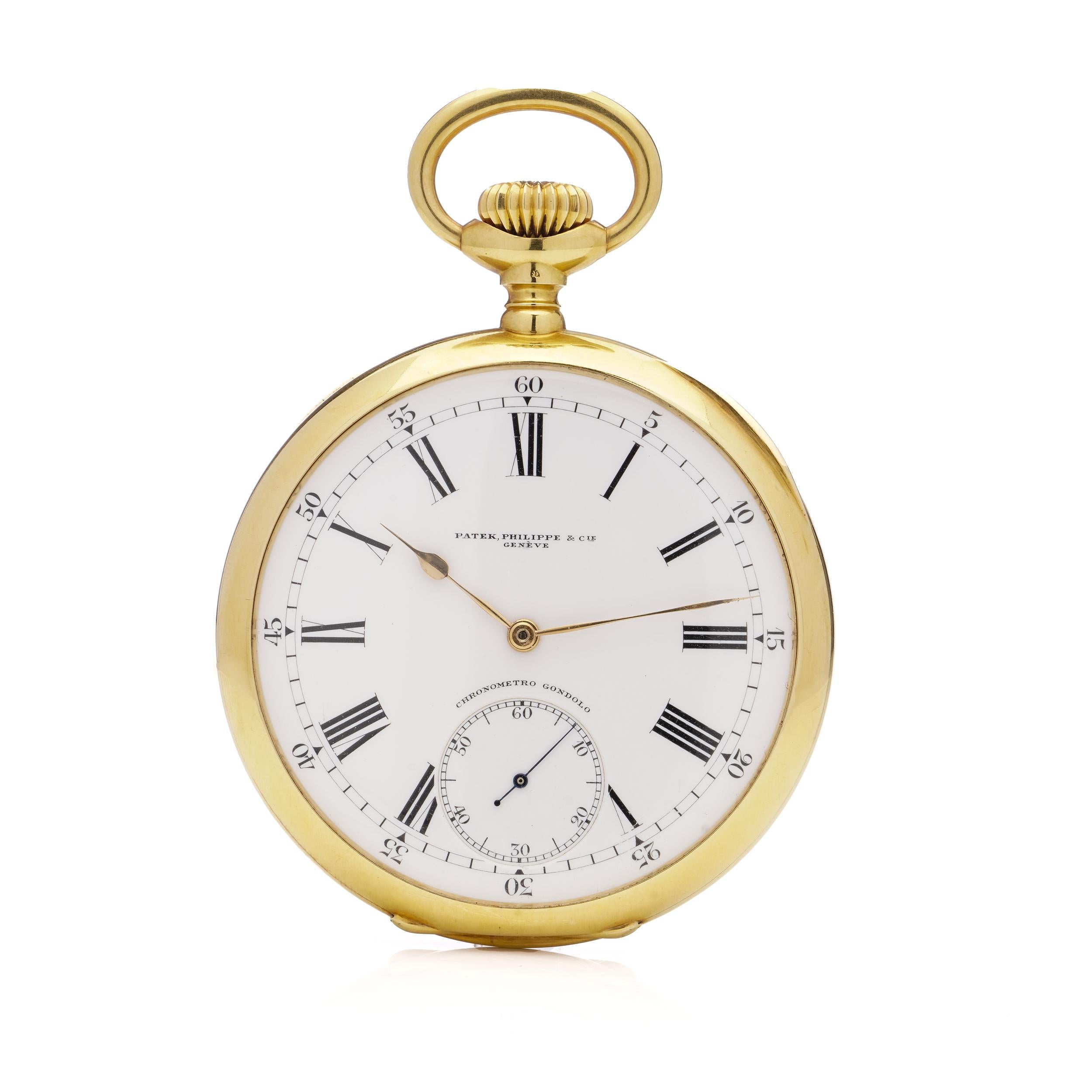 Patek Philippe 18kt. yellow gold Gondolo open-face pocket watch.
Made in Switzerland, Circa 1900's

Dial has been signed Patek Philippe & Co. Genève with a sub-second dial signed above Chronometro Gondolo with gold spade hands covered by a mineral
