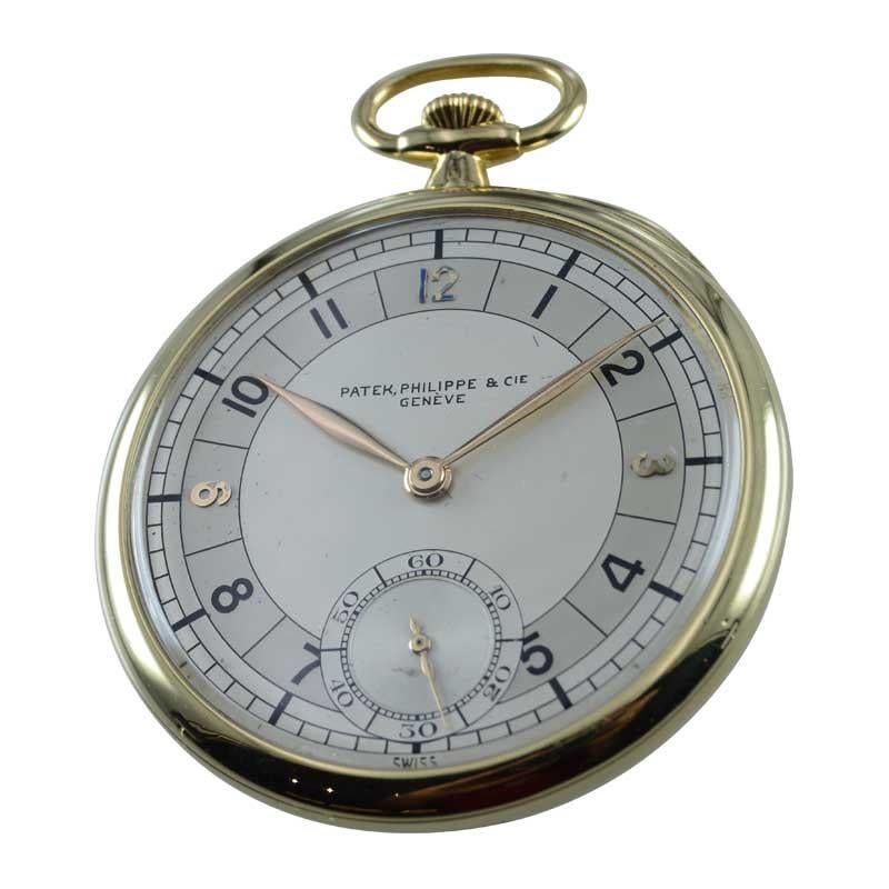FACTORY / HOUSE: Patek Philippe & Cie.
STYLE / REFERENCE: Pocket Watch Open Faced 
METAL / MATERIAL: 18kt. Yellow Gold
CIRCA / YEAR: 12-25-1941
DIMENSIONS / SIZE: 45mm
MOVEMENT / CALIBER: Manual Winding / 19 Jewels / 8 Adjustments
DIAL / HANDS:
