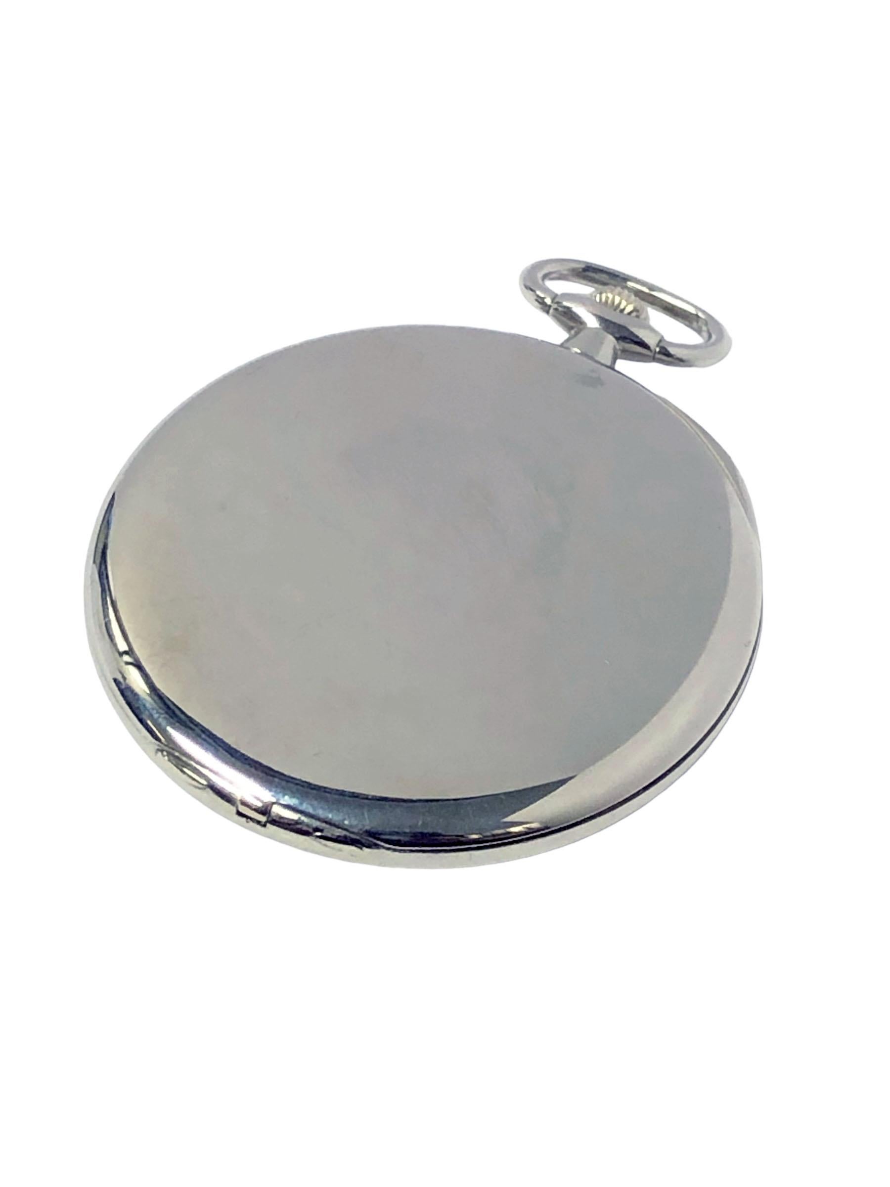 Circa 1920s Patek Philippe Pocket Watch, 43 M.M. 18k White Gold 3 piece case. 18 Jewel Nickle lever, mechanical, manual wind movement. Silver satin dial with Raised White Gold Breguet Numbers and Breguet Hands. Triple signed Patek Philippe Recently