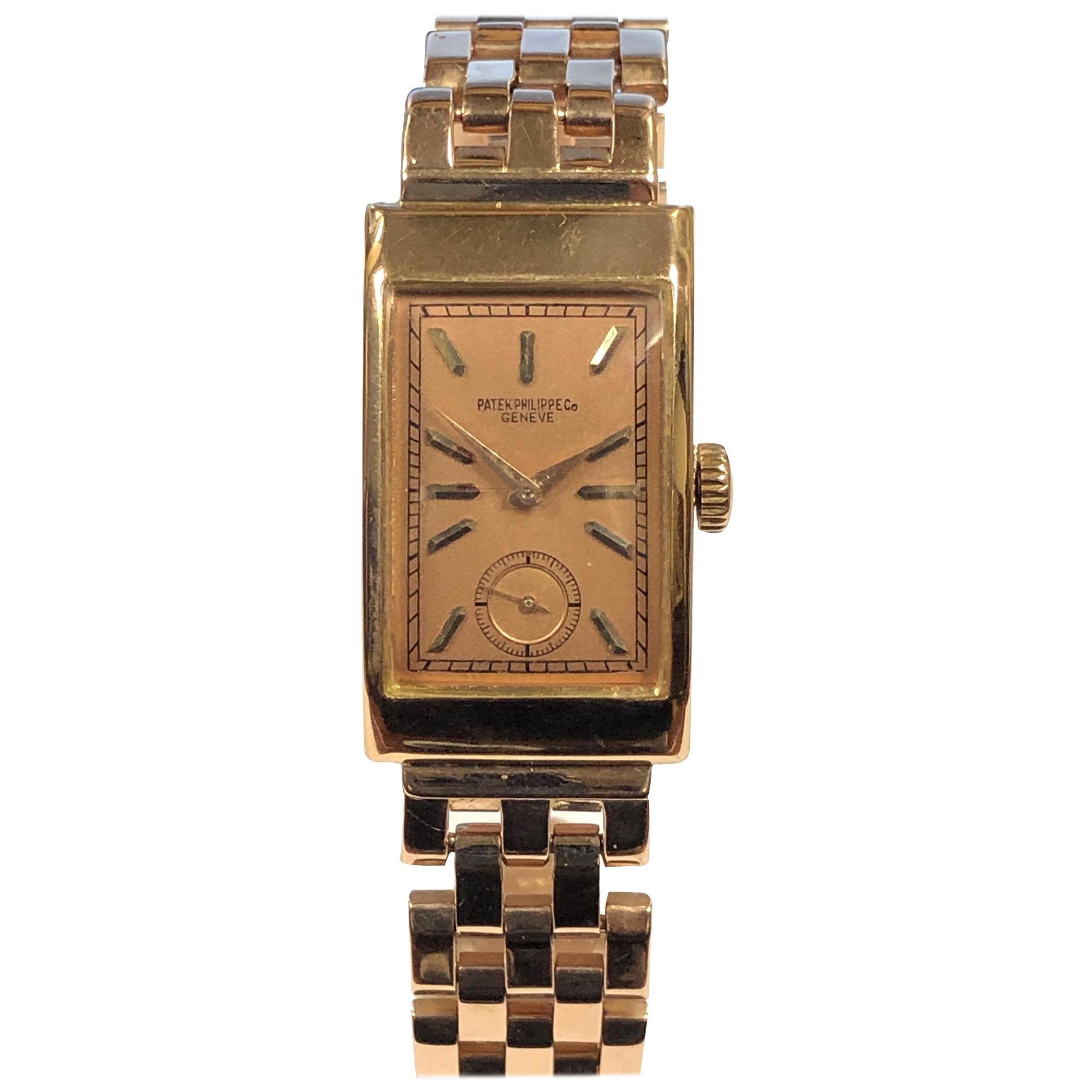Patek Philippe 1940s Rose Gold Gents Mechanical Bracelet Wristwatch For Sale