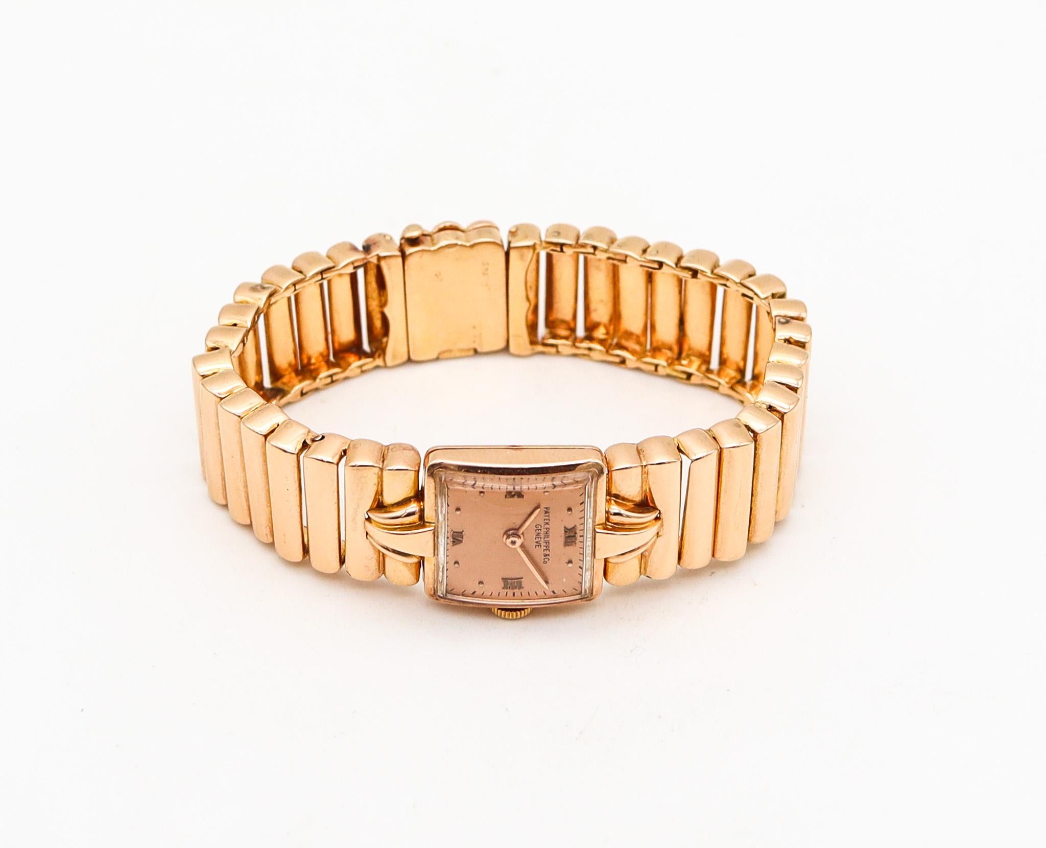Retro ladies wristwatch designed by Patek Philippe.

Beautiful ladies wristwatch, created in Geneva Switzerland by the Patek Philippe & Company, between the 1942 and 1943. The elegant wristwatch has been crafted with retro-modernist and late art