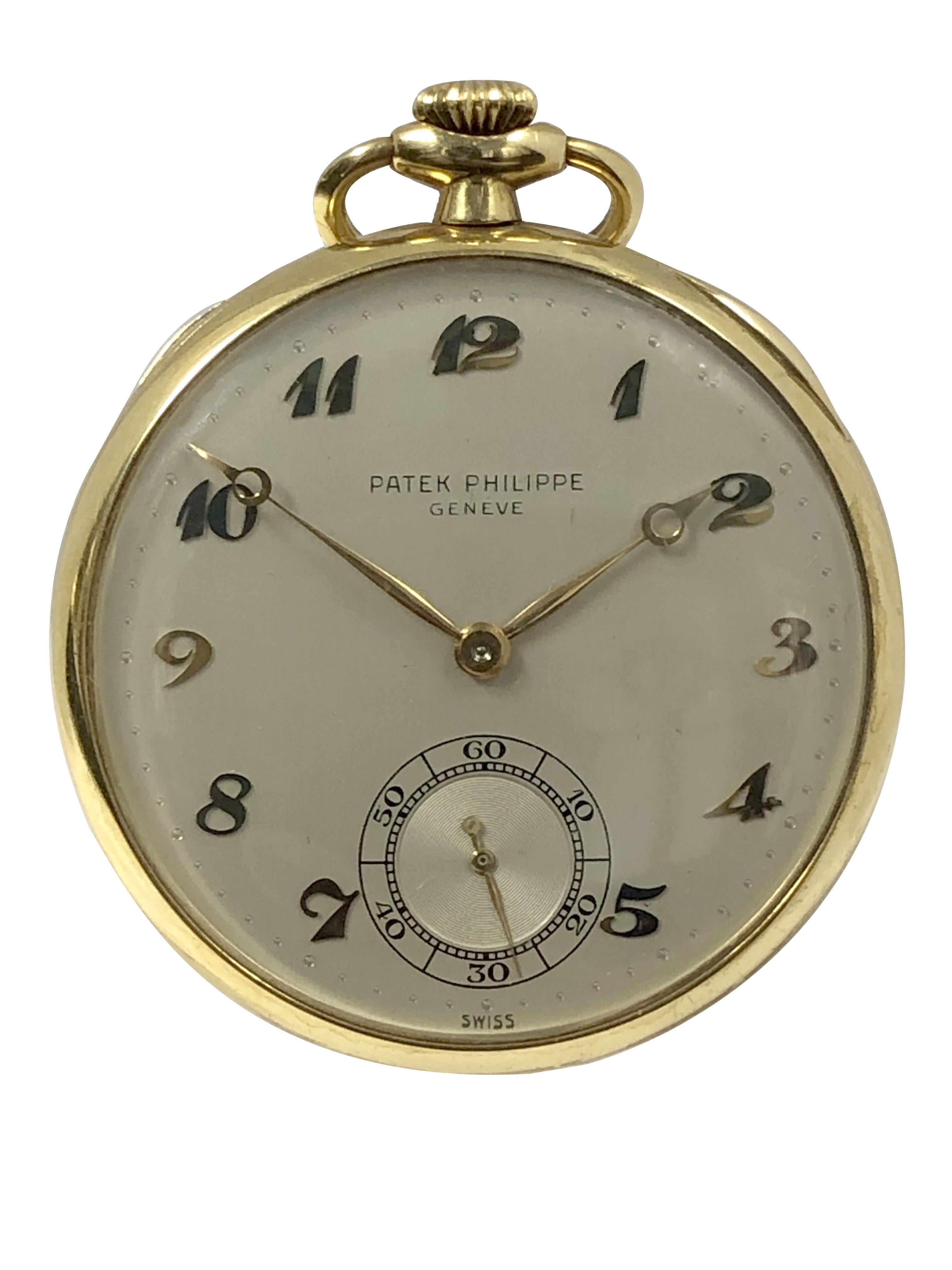 Circa 1950 Patek Philippe Reference 651 Pocket Watch, 45 M.M. 18k Yellow Gold 3 piece case, 18 Jewel, Mechanical, Manual wind, Nickle Lever movement. Original and Excellent, Mint condition Silver satin Dial with raised Gold Breguet Numerals and Gold