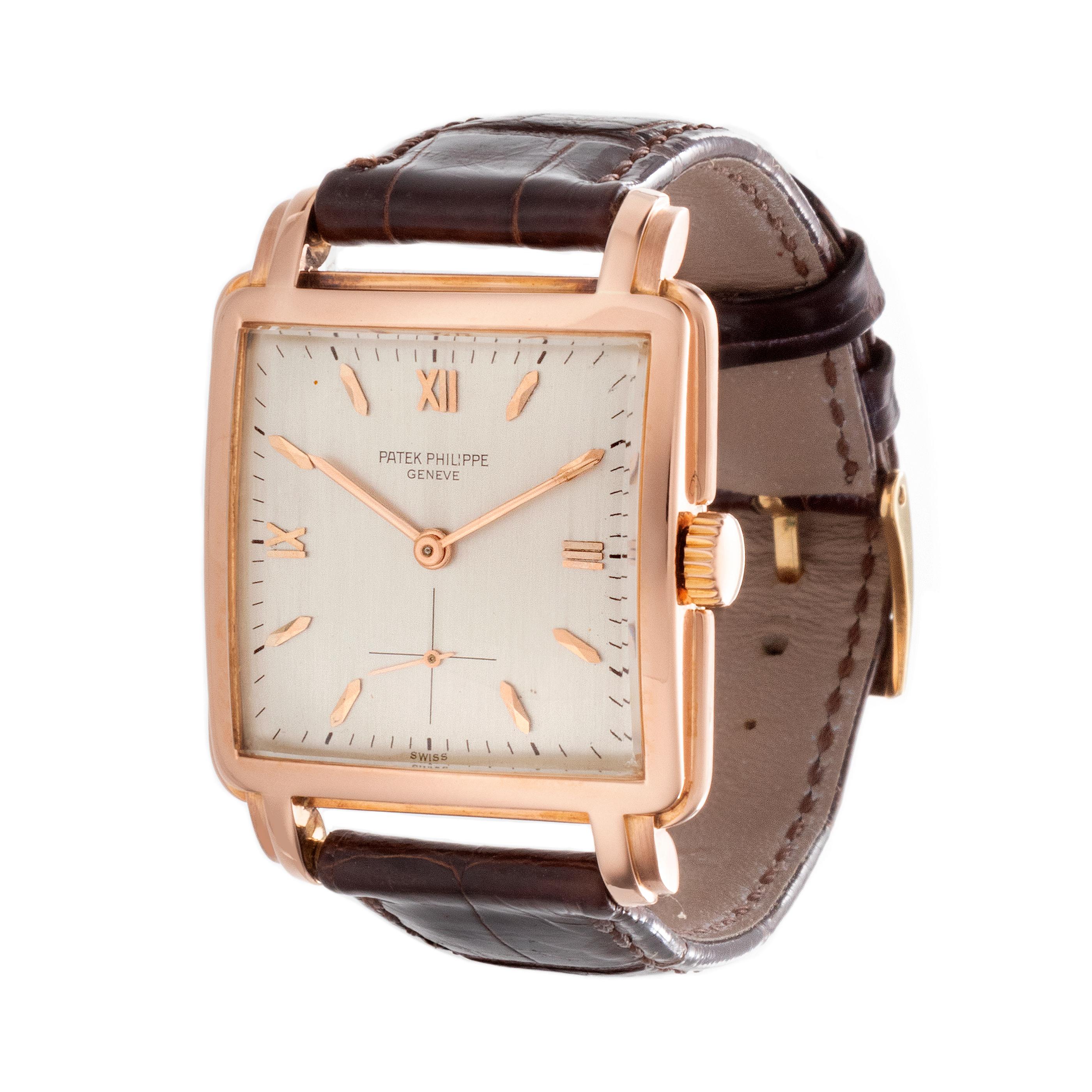 Patek Philippe 2436R, 18 Karat rose gold large square 40 x 30 mm wristwatch, with Step Bezel and Large Fancy Lugs. Fitted with a 10