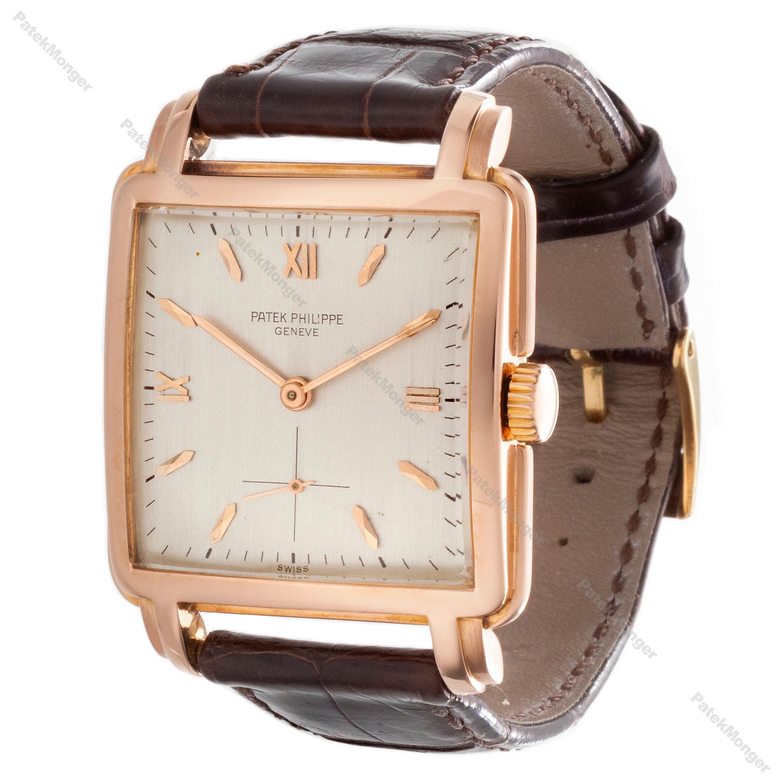 Introduction:
This Patek Philippe 2436R square watch features a 18K rose gold large square 40 x 30 mm case with a step bezel and large fancy lugs. It is fitted with a 10