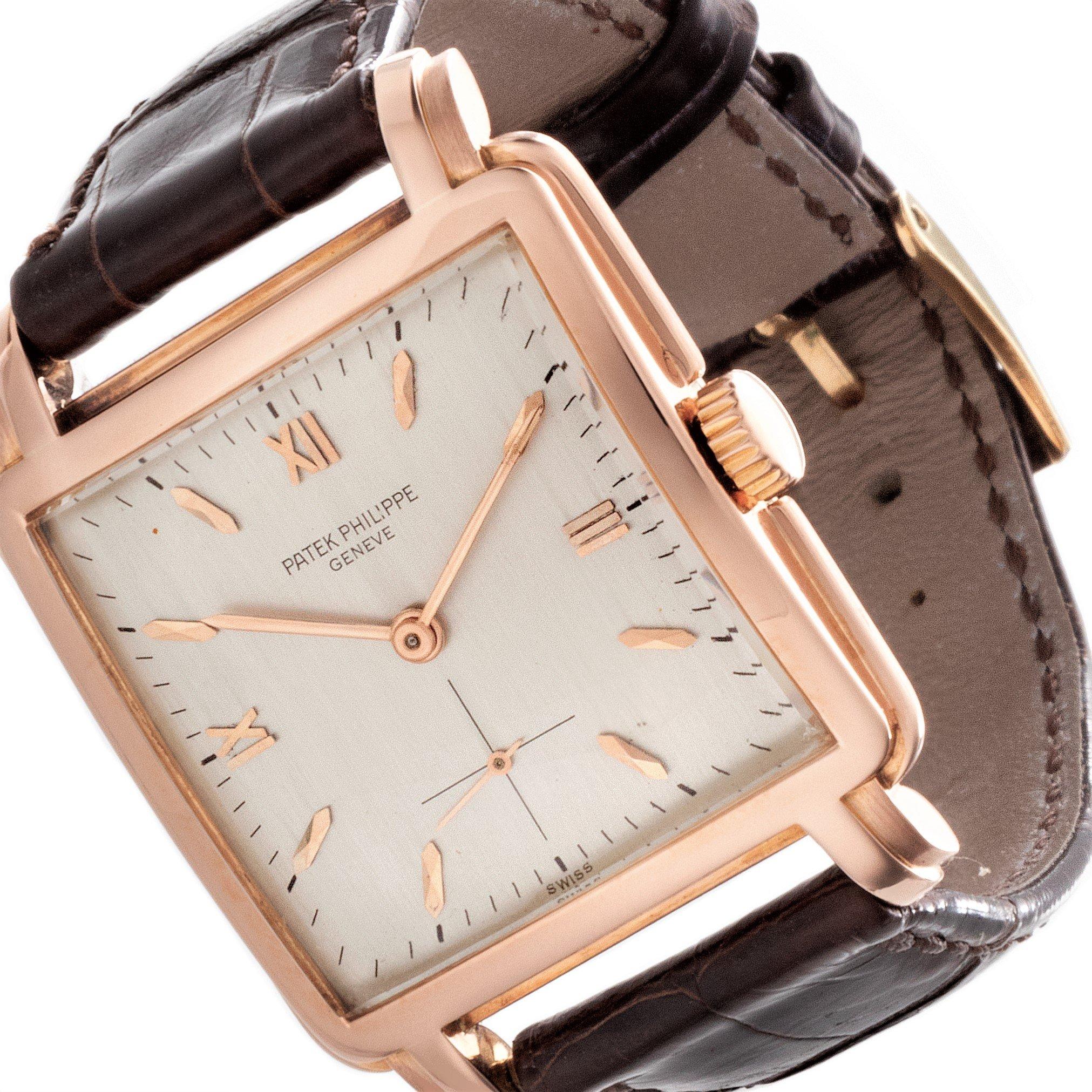 Patek Philippe 2436R Rose Gold Stepped Square Watch Circa 1952 In Excellent Condition In Santa Monica, CA