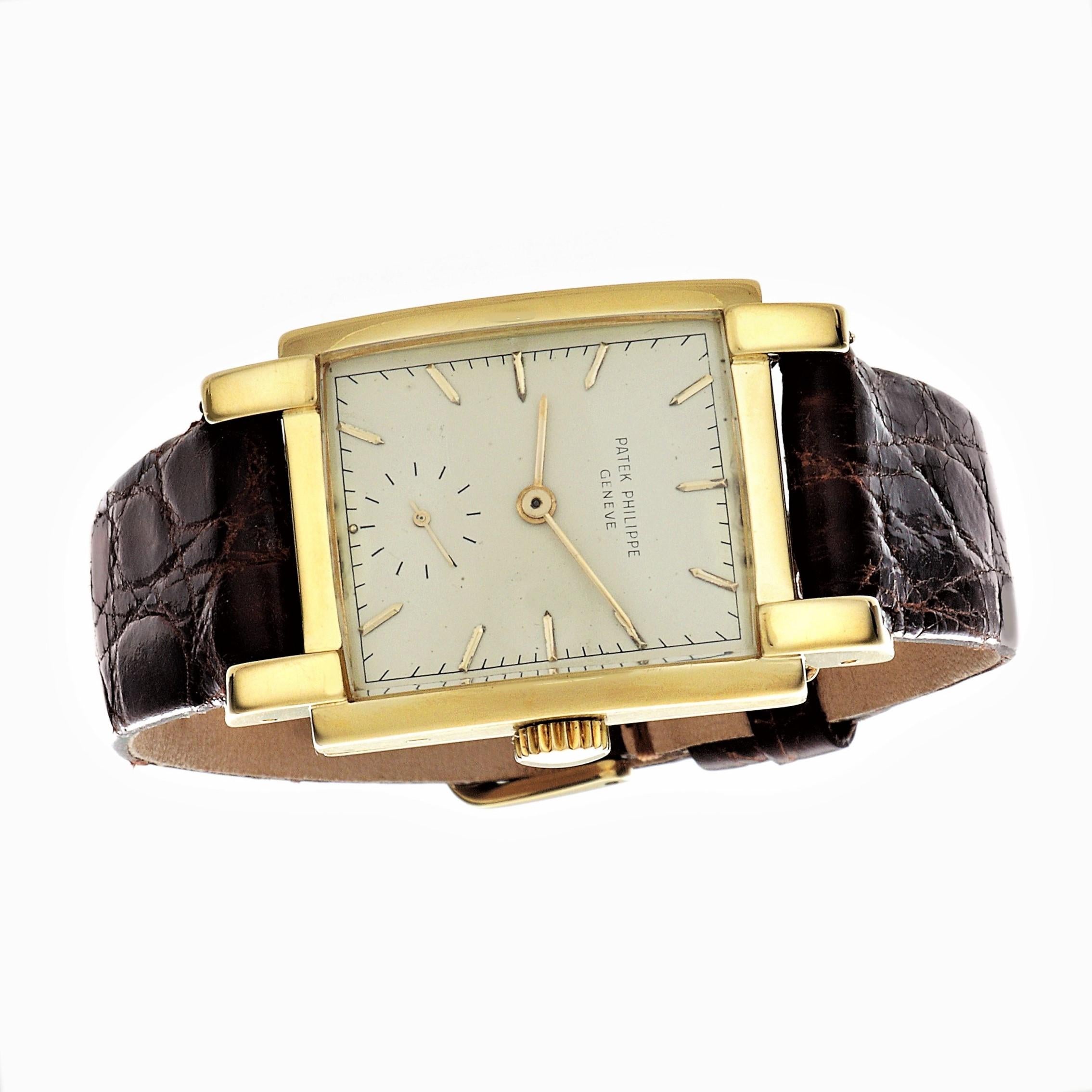 Introduction: 
Patek Philippe 2443J rectangular shaped watch measuring 40 x 26 mm, and made in 18K yellow gold.  The watch is fitted with 9