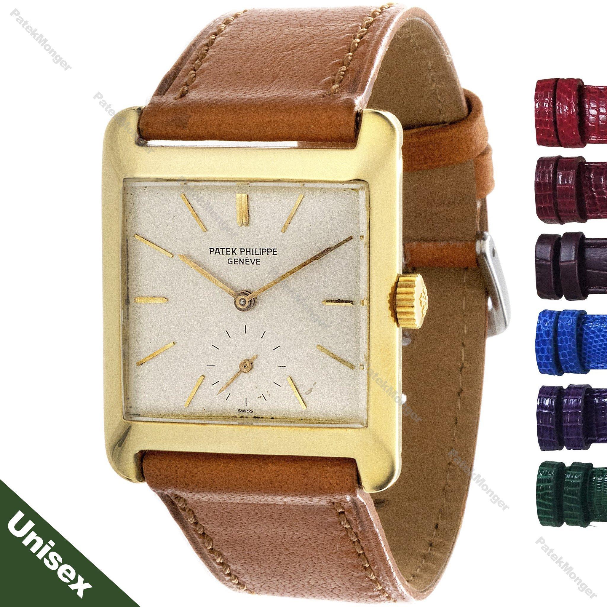 Einleitung:
Diese 2488J Vintage rechteckige Patek Philippe Uhr verfügt über Sub-Sekunden-Zifferblatt, und eine Auswahl von Uhrenarmbändern.  In der heutigen Mode ist diese Größe perfekt für eine Frau oder einen Mann.  Es sind mehrere Gurtoptionen