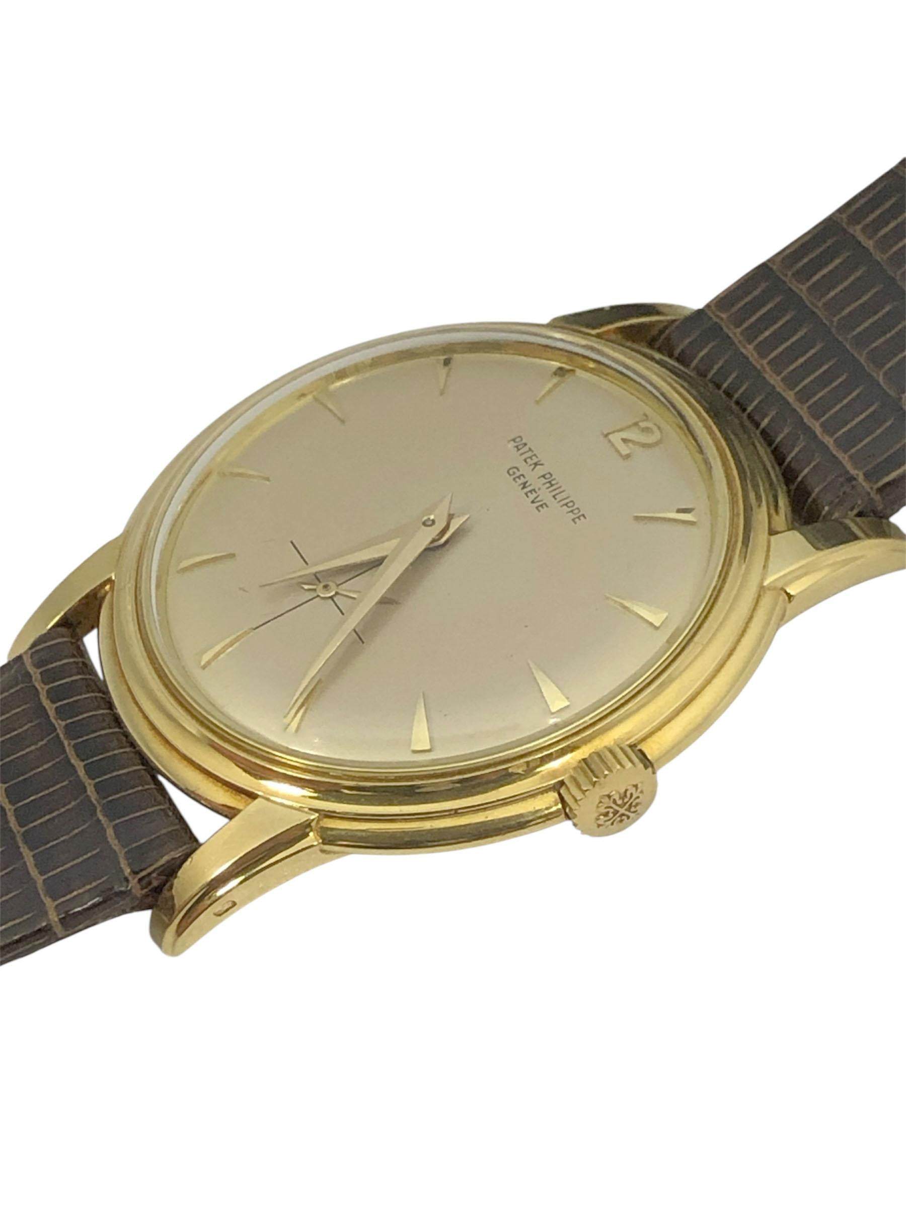 Circa 1960 Patek Philippe reference 2525/1 Calatrava Wrist Watch, 36 M.M. 18k Yellow Gold 2 Piece stepped case with waterproof back. Caliber 10