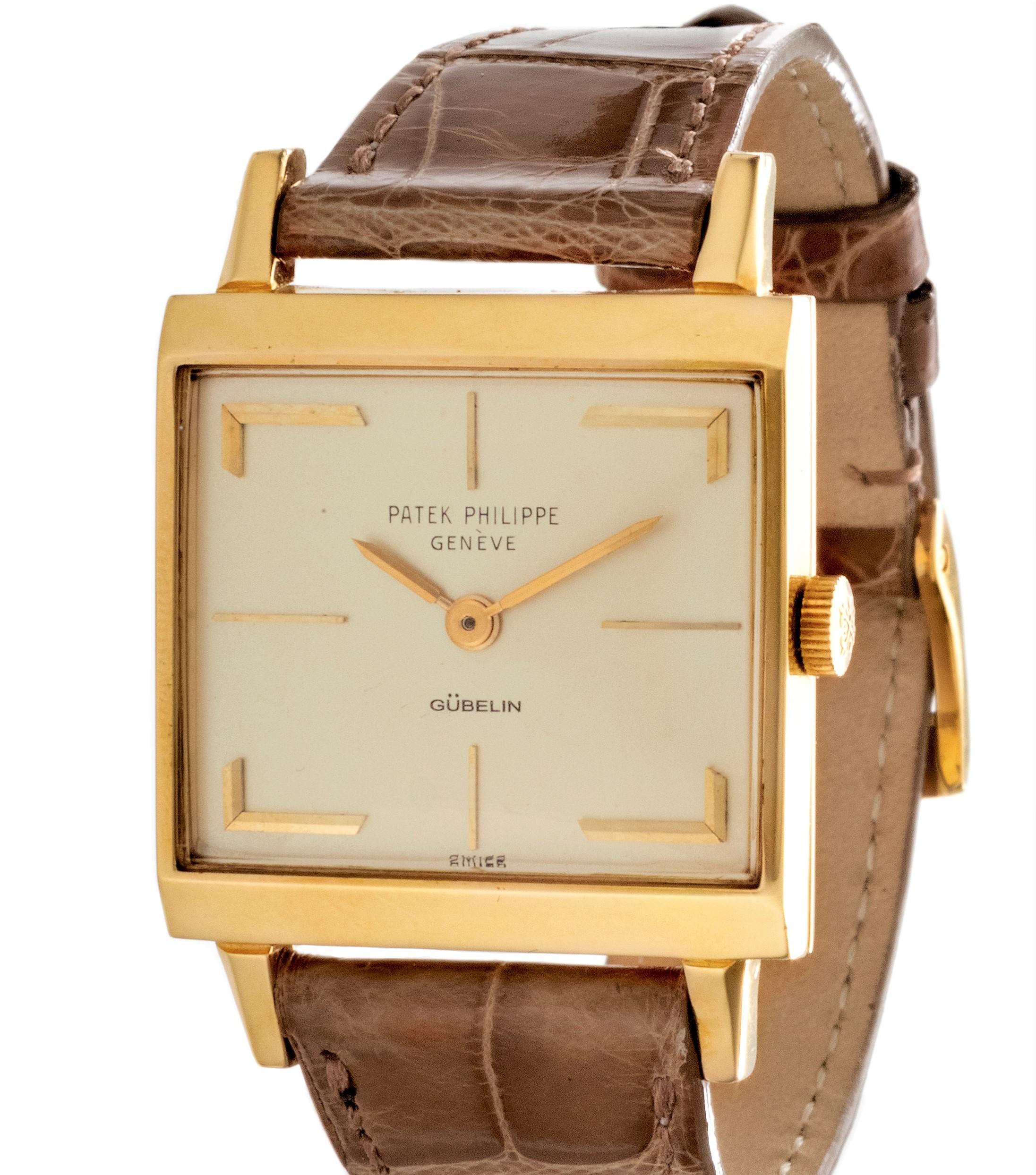 This 3406J Patek Philippe Art Deco watch features a 27 x 27 mm square case, with a white Hermes style dial.
The watch comes with an 18K yellow gold bracelet which was purchased after the watch was purchased in 1964.  The watch may be purchased with