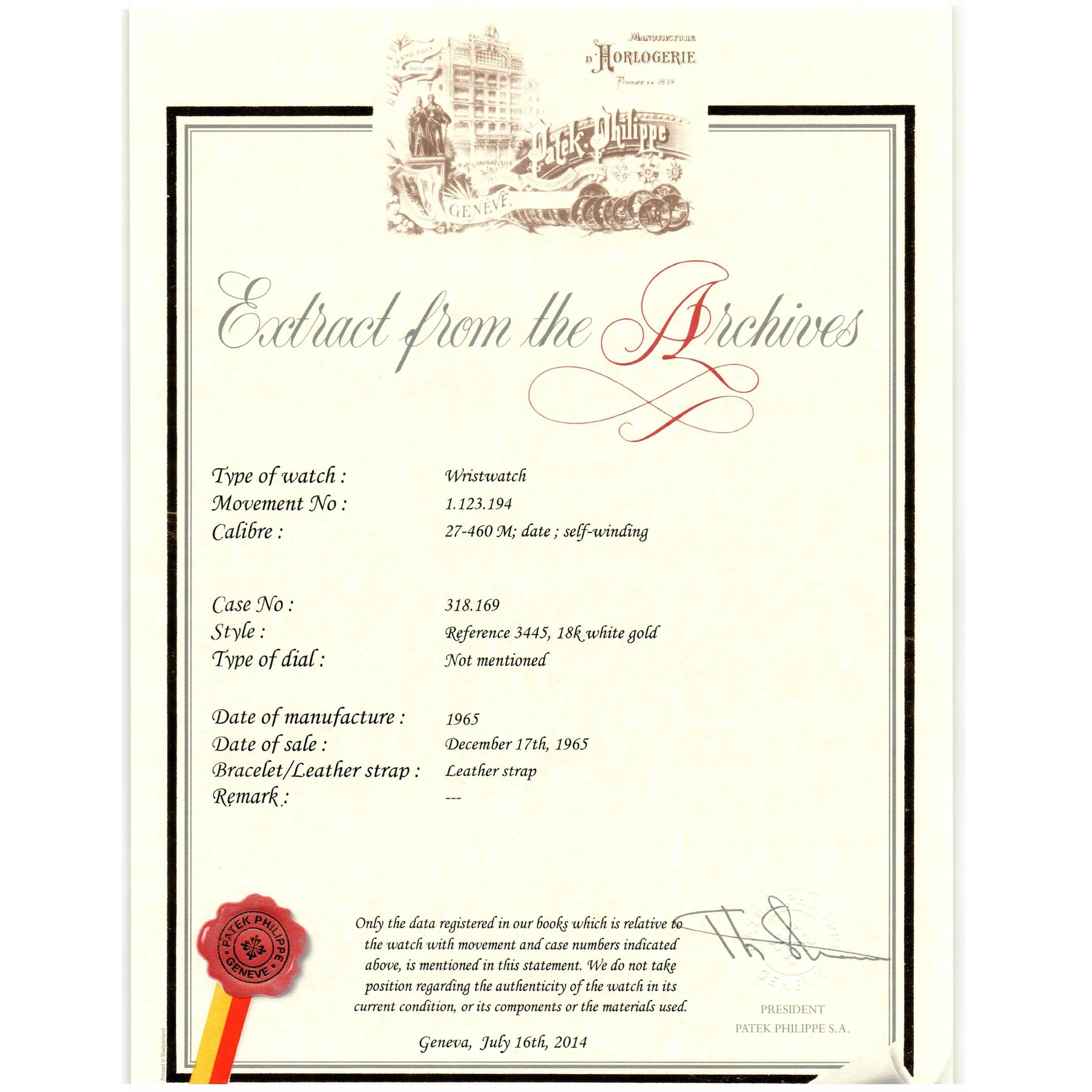 Introduction:
This 3445G vintage Patek Philippe watch features automatic movement, sub-second dial, date, screw down back case, new Patek alligator strap with original style 18K white gold Patek buckle.

Date & Paperwork: 
The watch was made in