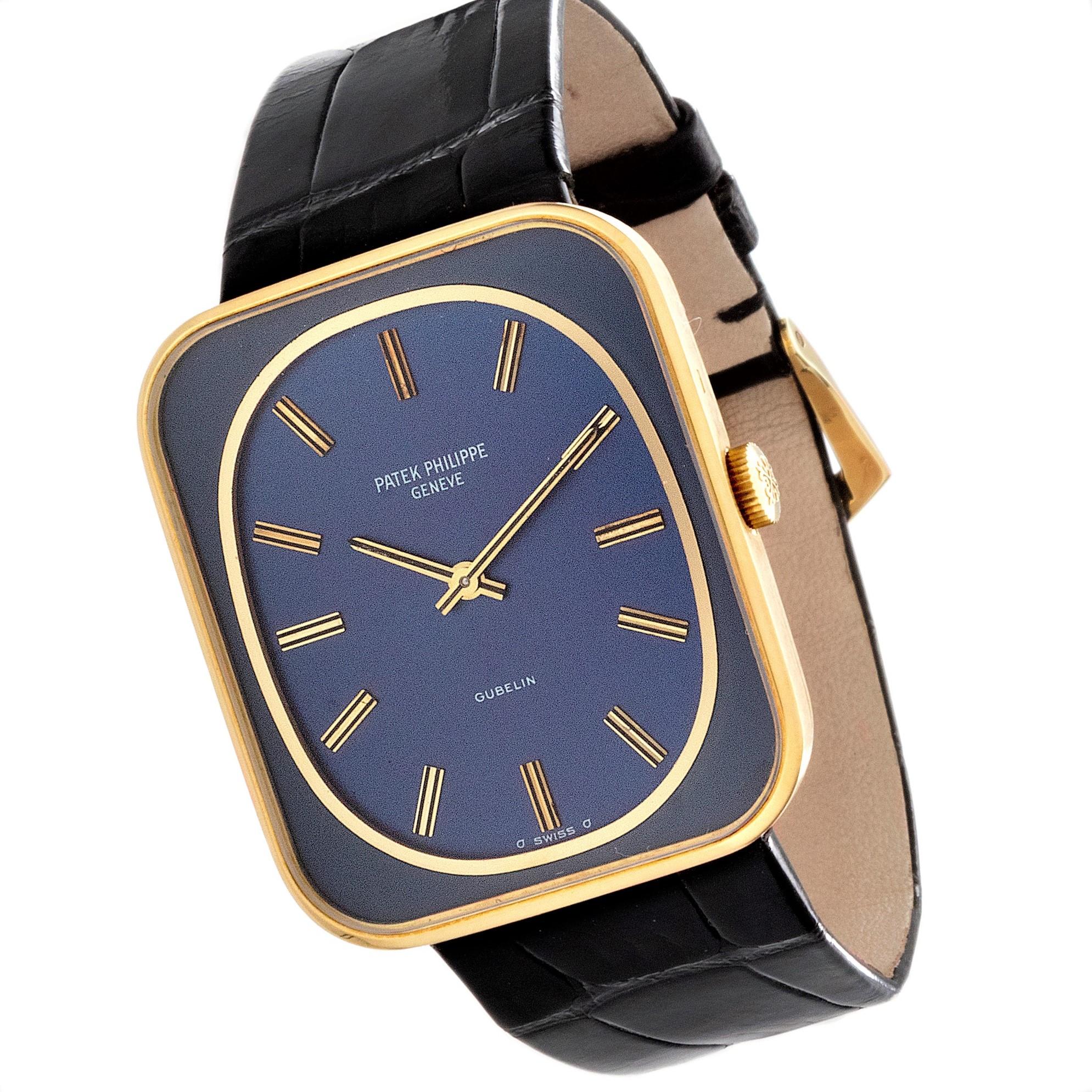 This rare 3582J Patek Philippe vintage blue dial watch features 3-body case, sapphire crystal and new Patek alligator strap with original 18K yellow gold Patek buckle.  The watch was sold by Gueblin, the retail store in Zurich, Switzerland.

This