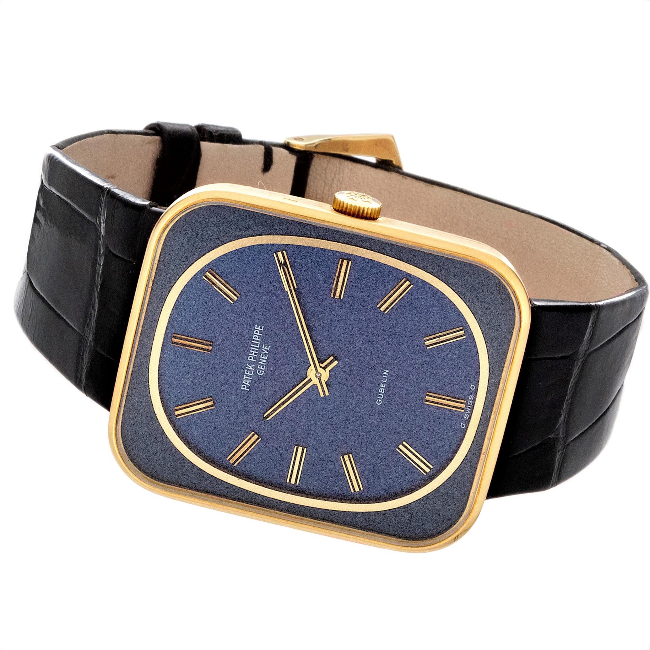 Modern Patek Philippe 3582J Vintage Rectangular Blue Dial Watch, circa 1973