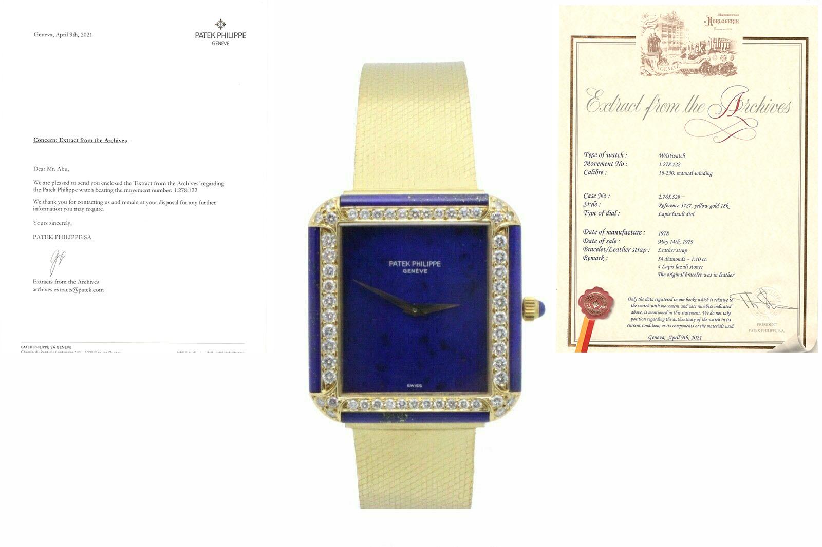Style Number: 3727



Year: 1970's

 

Case Material: 18K Yellow Gold

 

Band: Custom 18K Yellow Gold Band

 

Bezel:  Lapis Lazuli Diamond Bezel Approx 1.17ctw 

 

Dial: Lapis Lazuli 

 

Face: Sapphire Crystal 

 

Case Size: 30mm

 

Includes: