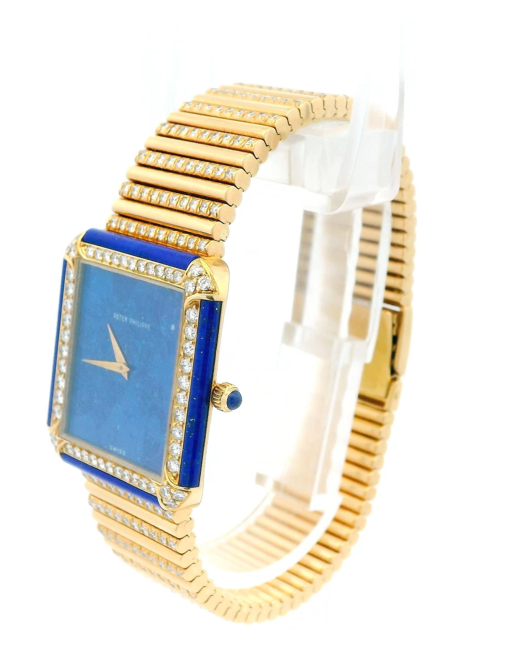 Patek Philippe 3727/3 Lapis Diamond Case Pave Bracelet Watch W/Archive In Good Condition For Sale In Great Neck Plaza, NY