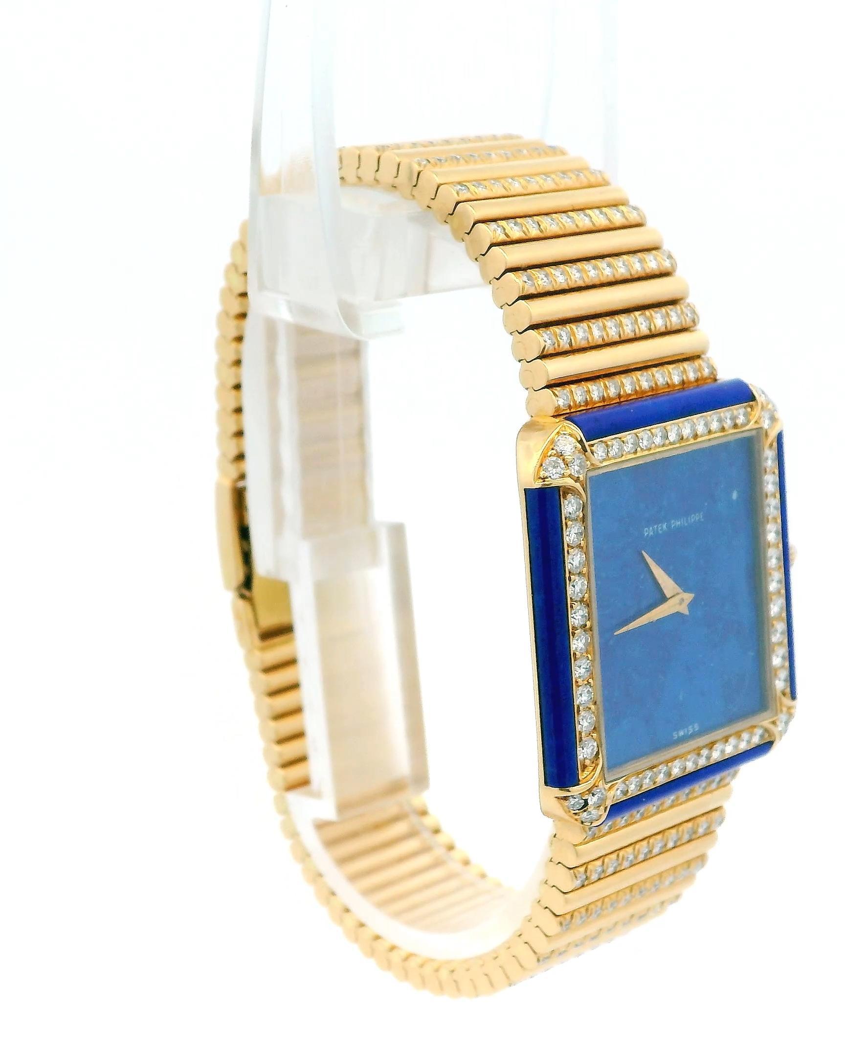 Patek Philippe 3727/3 Lapis Diamond Case Pave Bracelet Watch W/Archive For Sale 4