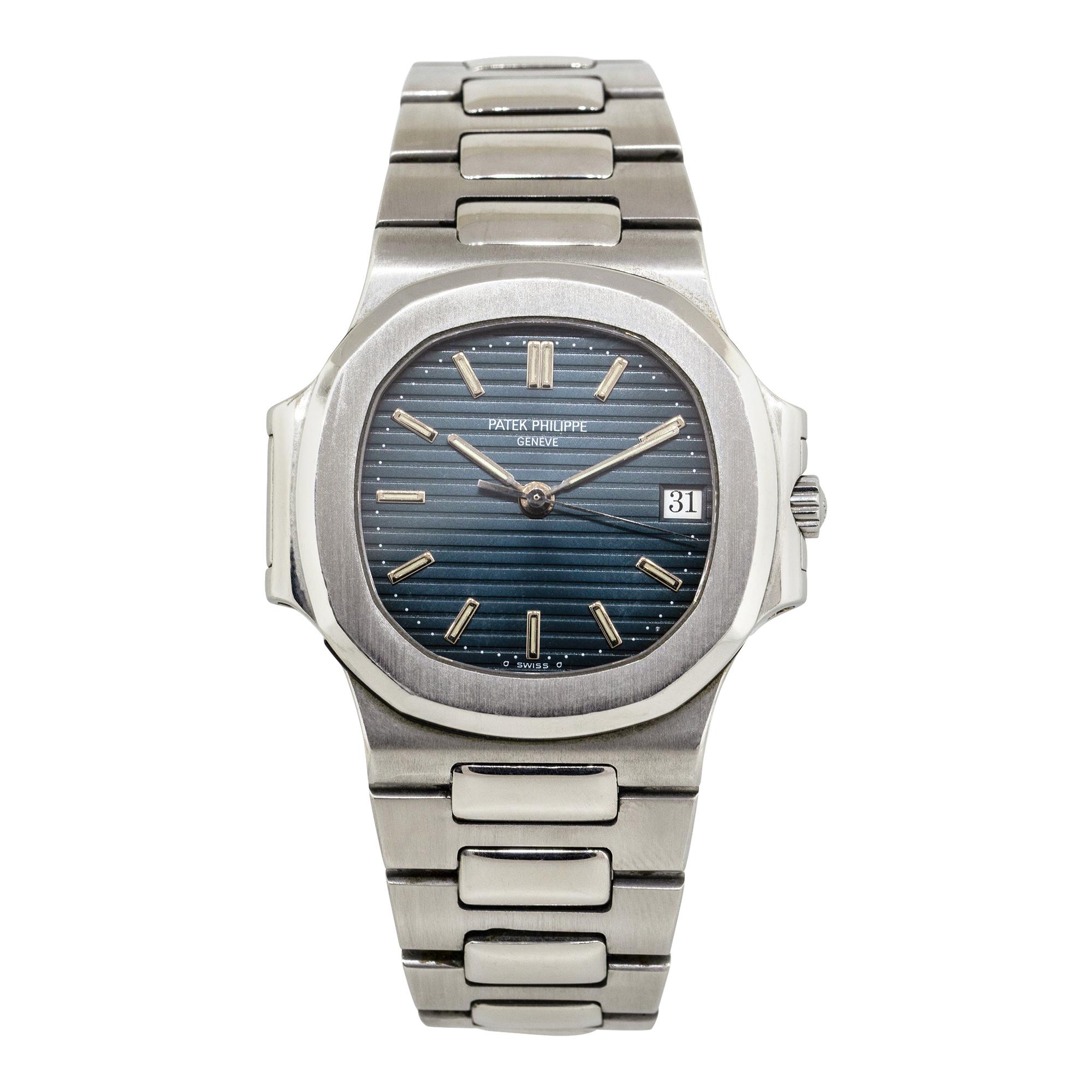 Brand: Patek Philippe
Model: 3800/001 Nautilus
Case Material: Stainless steel
Case Diameter: 37mm
Crystal: Scratch resistant sapphire
Bezel: Brushed stainless steel bezel
Dial: Blue dial with date displayed at 3 o’clock
Bracelet: Stainless