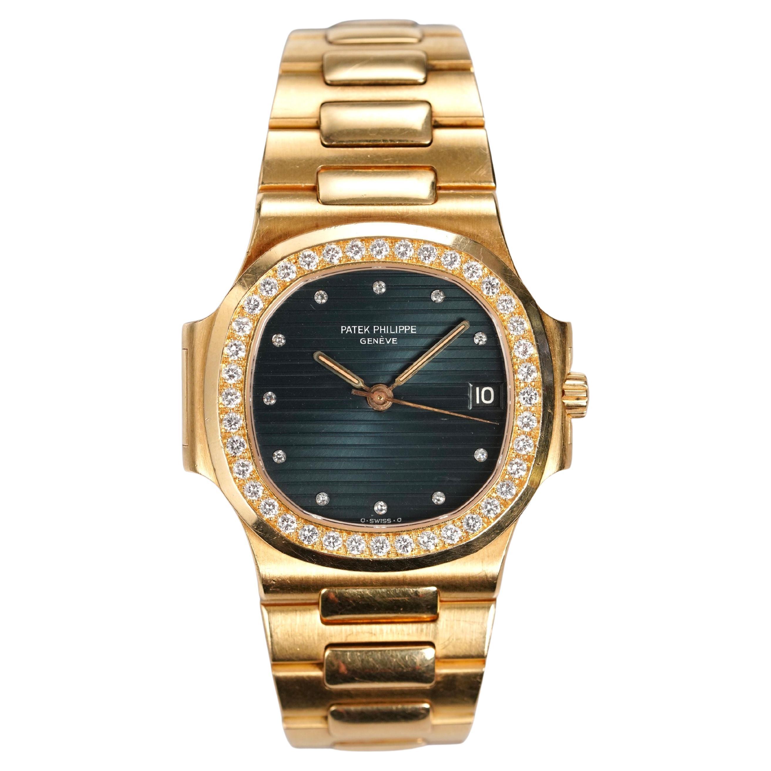 Patek Philippe 3800J Blue Diamond Dial Watch in 18K Yellow Gold, 1990s For Sale