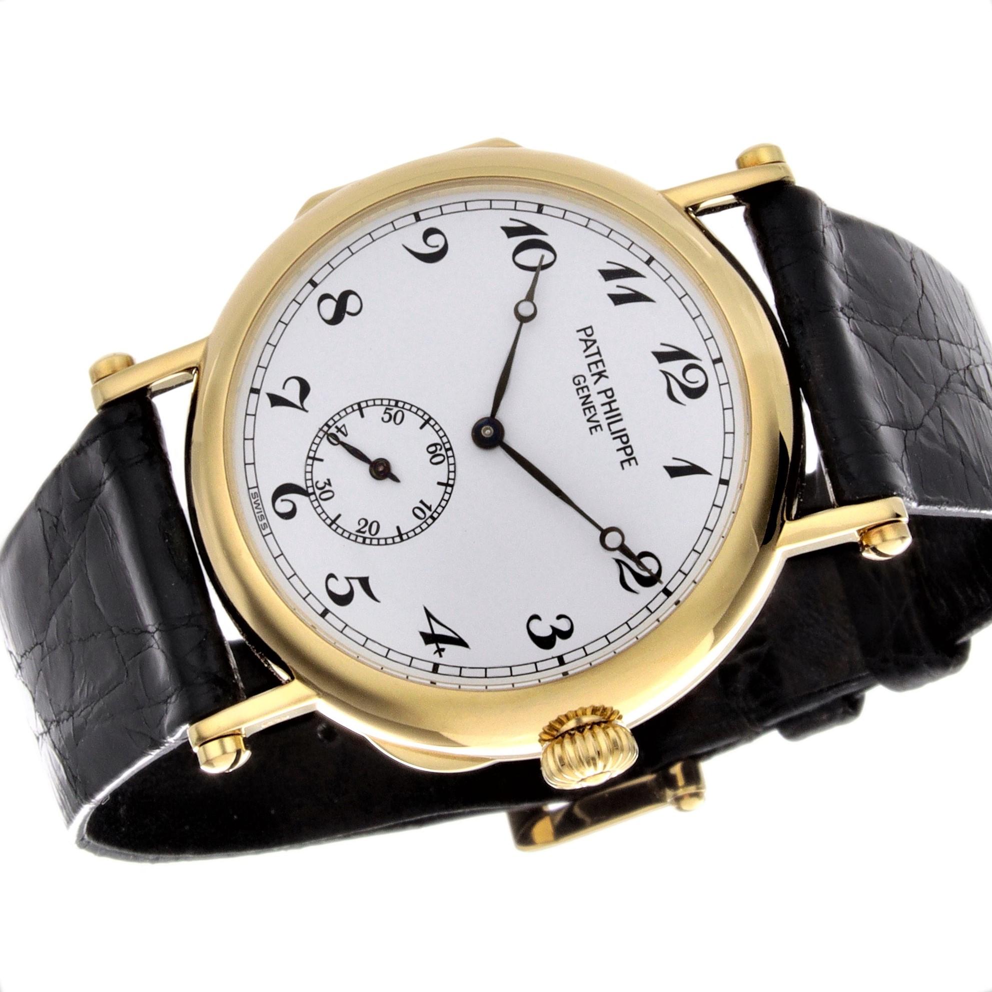 Introduction:
This Patek Philippe 3960J Calatrava 150th Anniversary Officers Case watch features a small seconds dial and original Patek alligator strap with original 18K Yellow Gold Patek buckle.  This watch was purchased from a collector.  It has