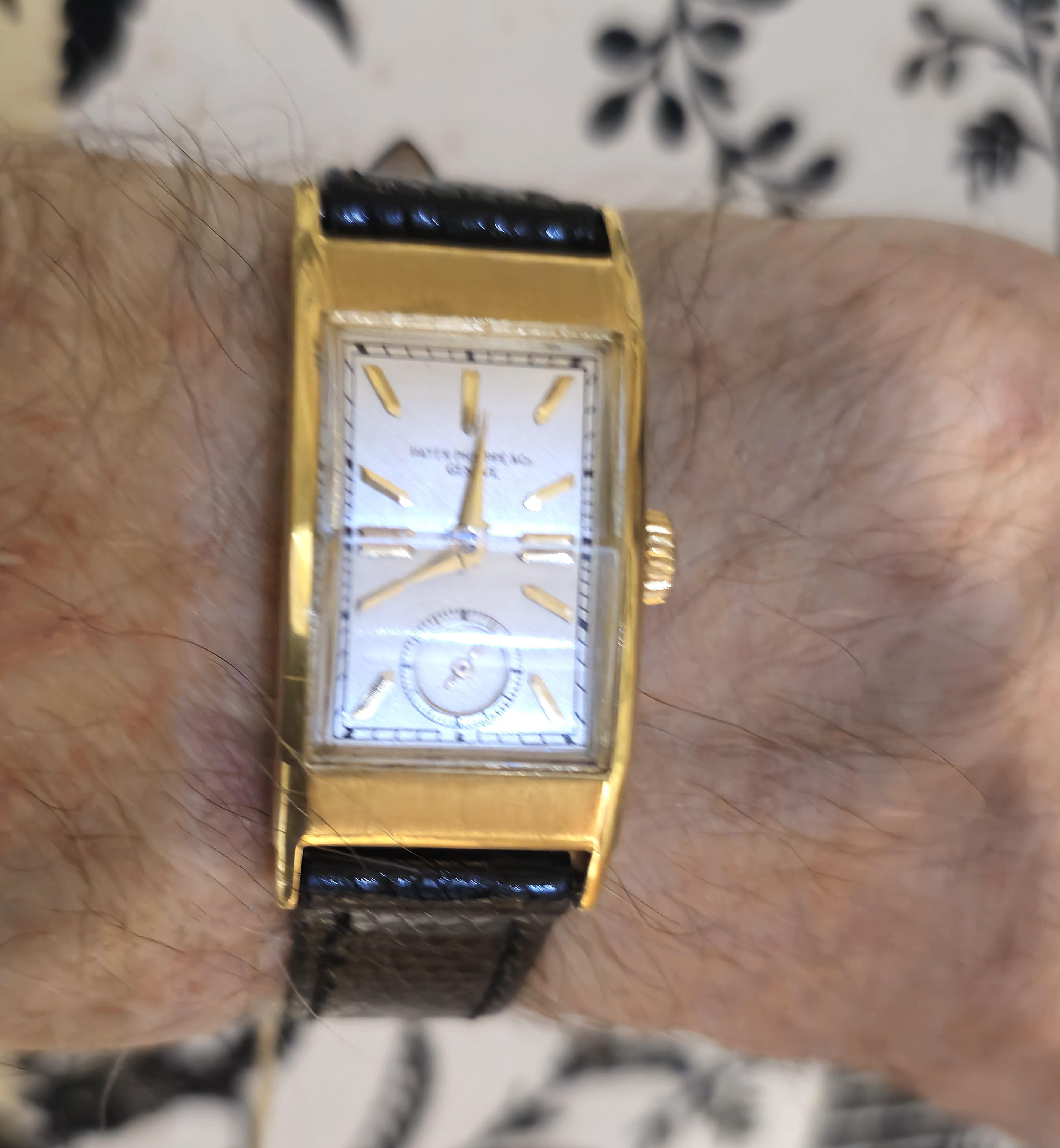 Introduction:
Patek Philippe 425J Tegolino Art Deco watch, measuring 42.5 x 20.5.  The watch is fitted with a 9