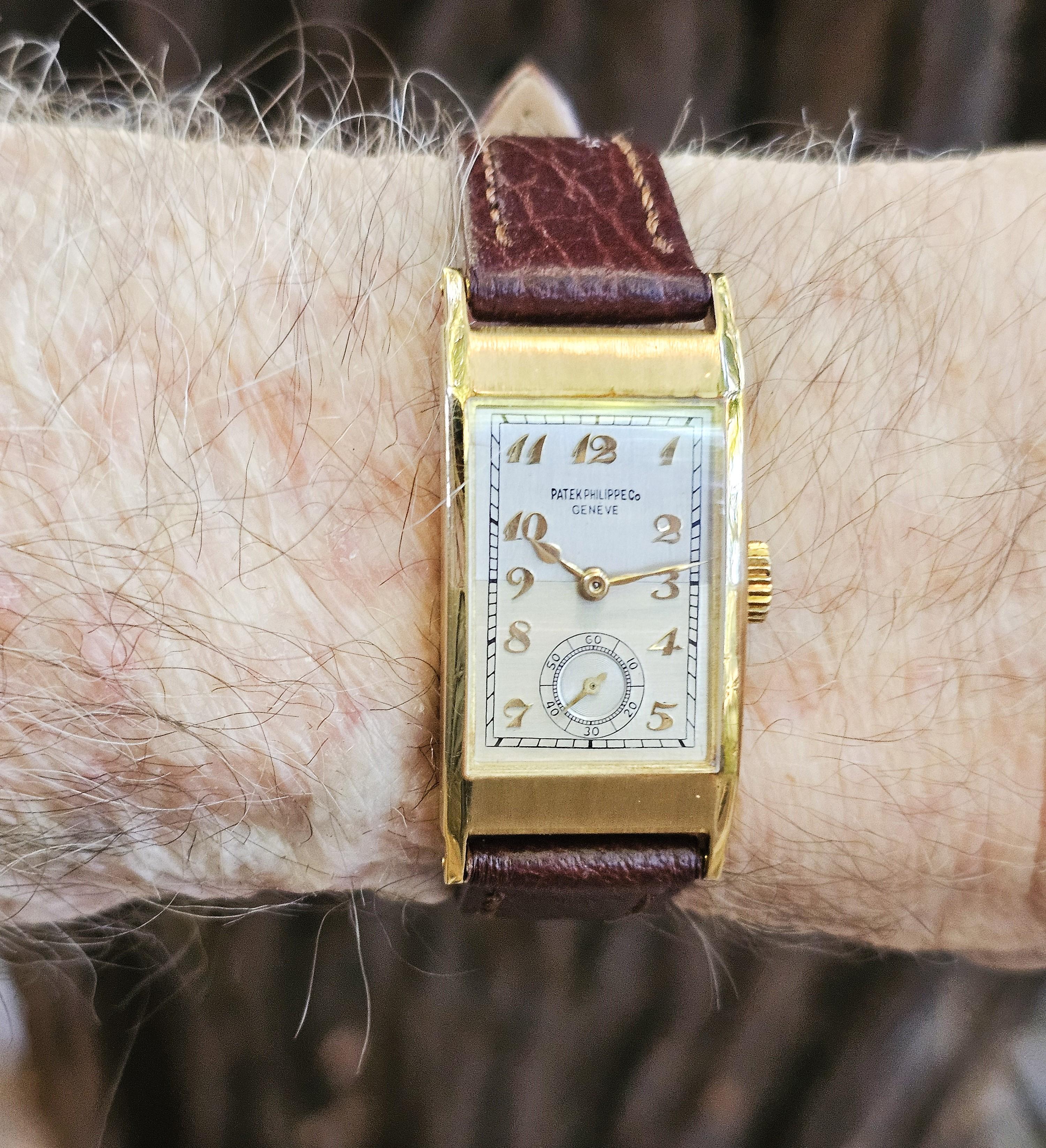 Introduction:
Patek Philippe 425J Tegolino Art Deco watch, measuring 42.5 x 20.5.  The watch is fitted with a 9