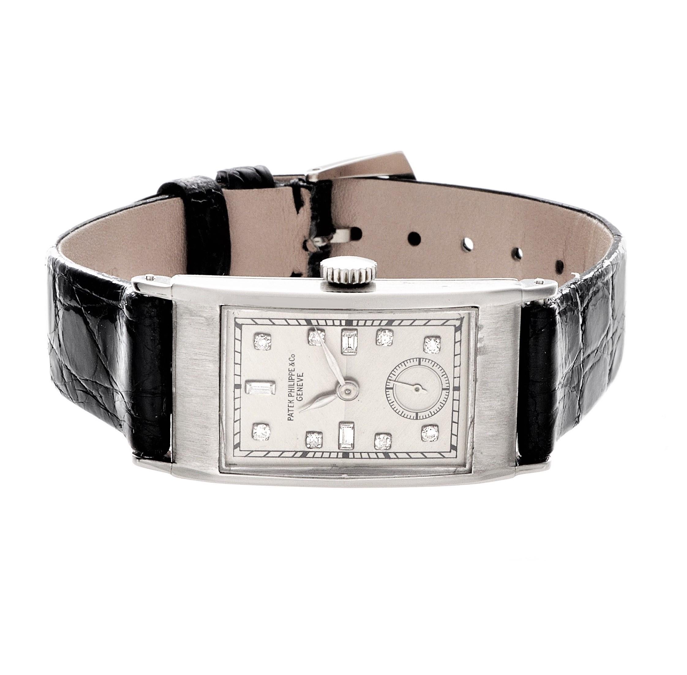 Introduction:
This 425P Tegolino Art Deco Patek Philippe watch made in Platinum with a factory diamond dial.  The watch features original facet crystal and new alligator strap and Patek Platinum Buckle.  This watch was made in 1937 and is