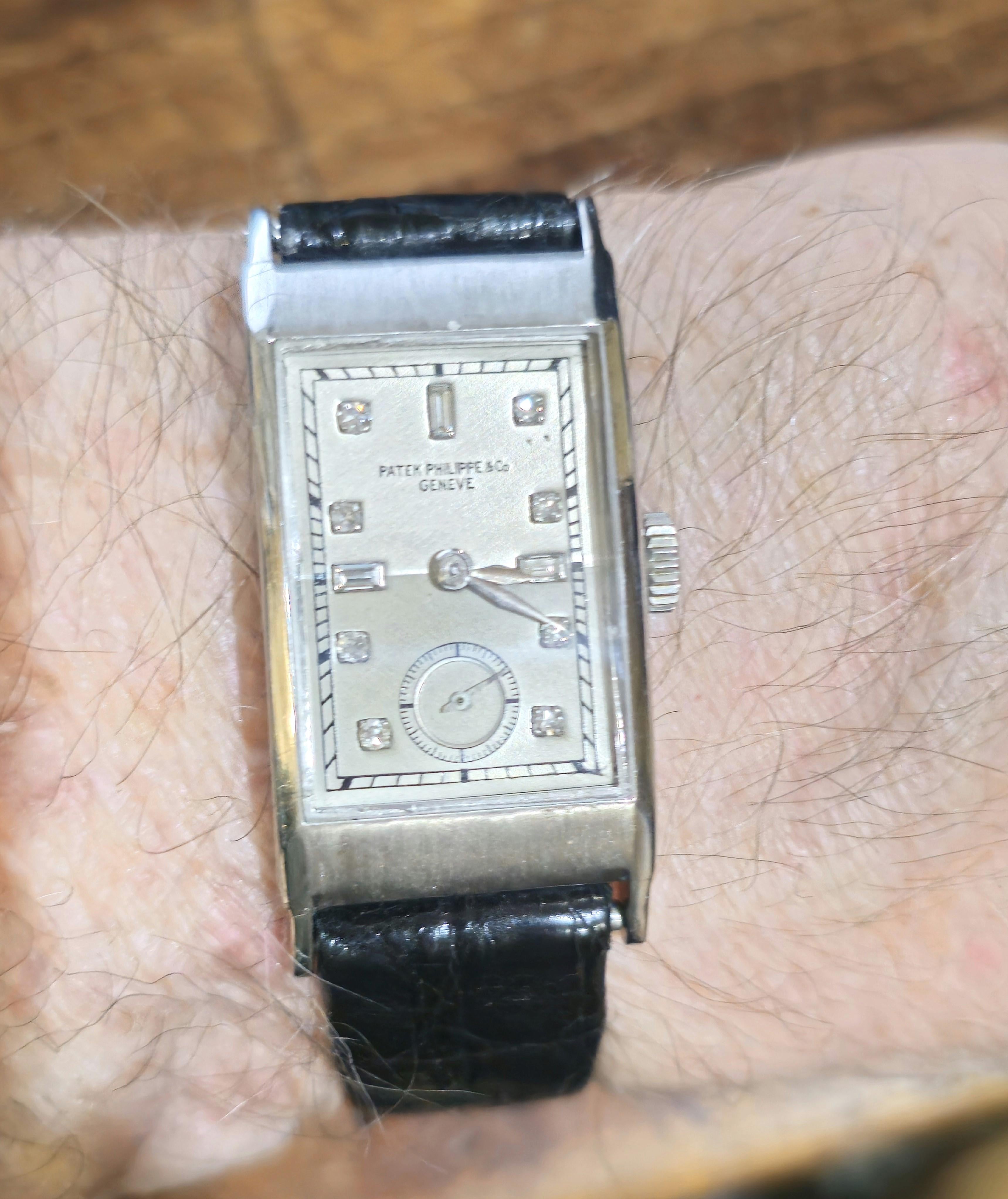 Introduction:
This 425P Tegolino Art Deco Patek Philippe watch made in Platinum with a factory diamond dial.  The watch features original facet crystal and new alligator strap and Patek Platinum Buckle.  This watch was made in 1937 and is
