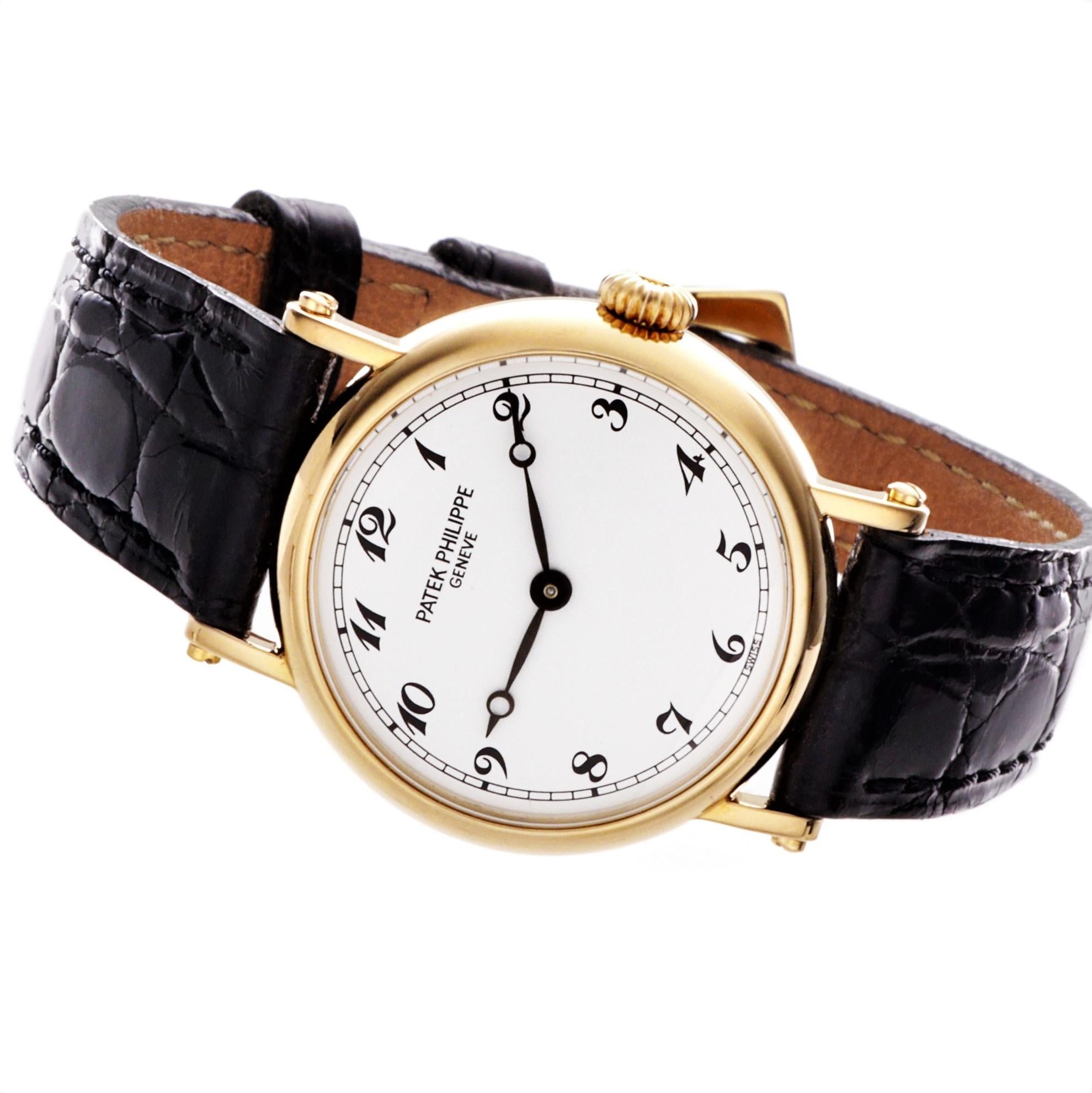 Patek Philippe 4860J Ladies Style Officers Case Calatrava.
The watch made in 18K yellow gold with a porcelain white dial and black Breguet numbers and hands,  The case measures 26mm.  The watch is fitted with a 16-250 caliber 18-jewel movement #