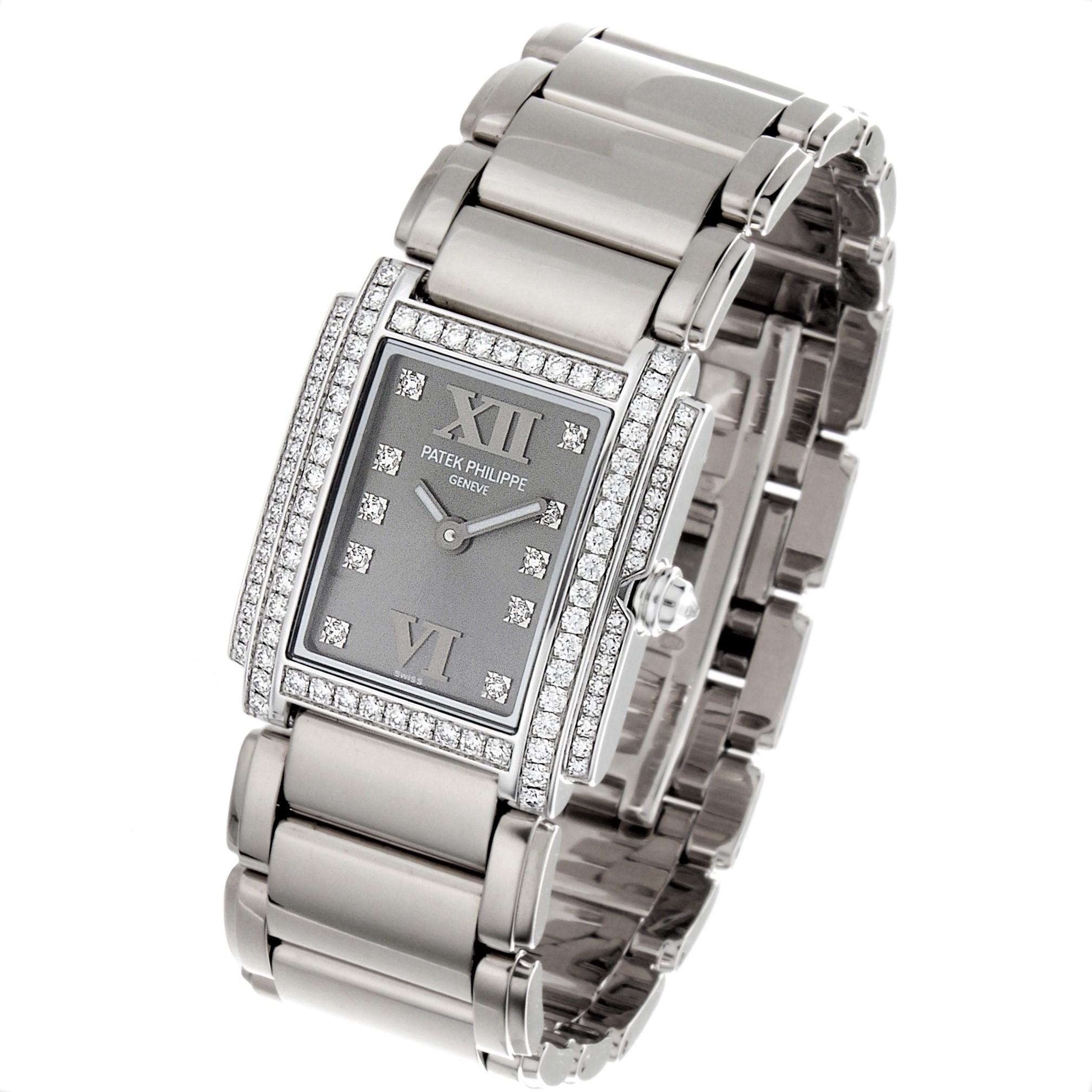 Introduction:
Patek Philippe 4908/200G; Ladies Twenty-4 diamond case and dial. The watch is made in 18K white gold with the White Gold Bracelet.  The watch was made in 2010 and sold the same year.  The watch is fitted with a E-15 caliber 7-jewel