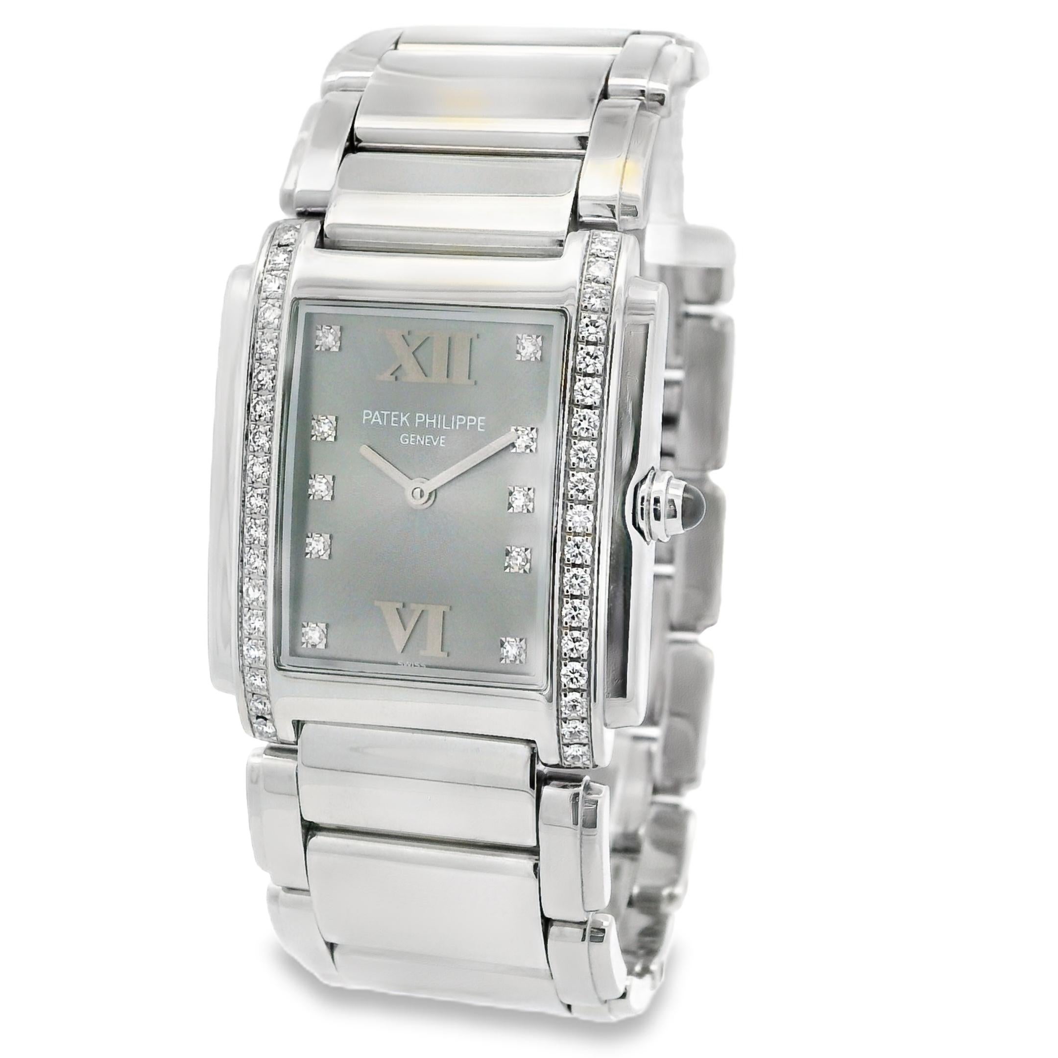 Patek Philippe 4910/10A Twenty-4 Stainless Steel Gray Dial Diamond Ladies Watch In Excellent Condition For Sale In Boca Raton, FL