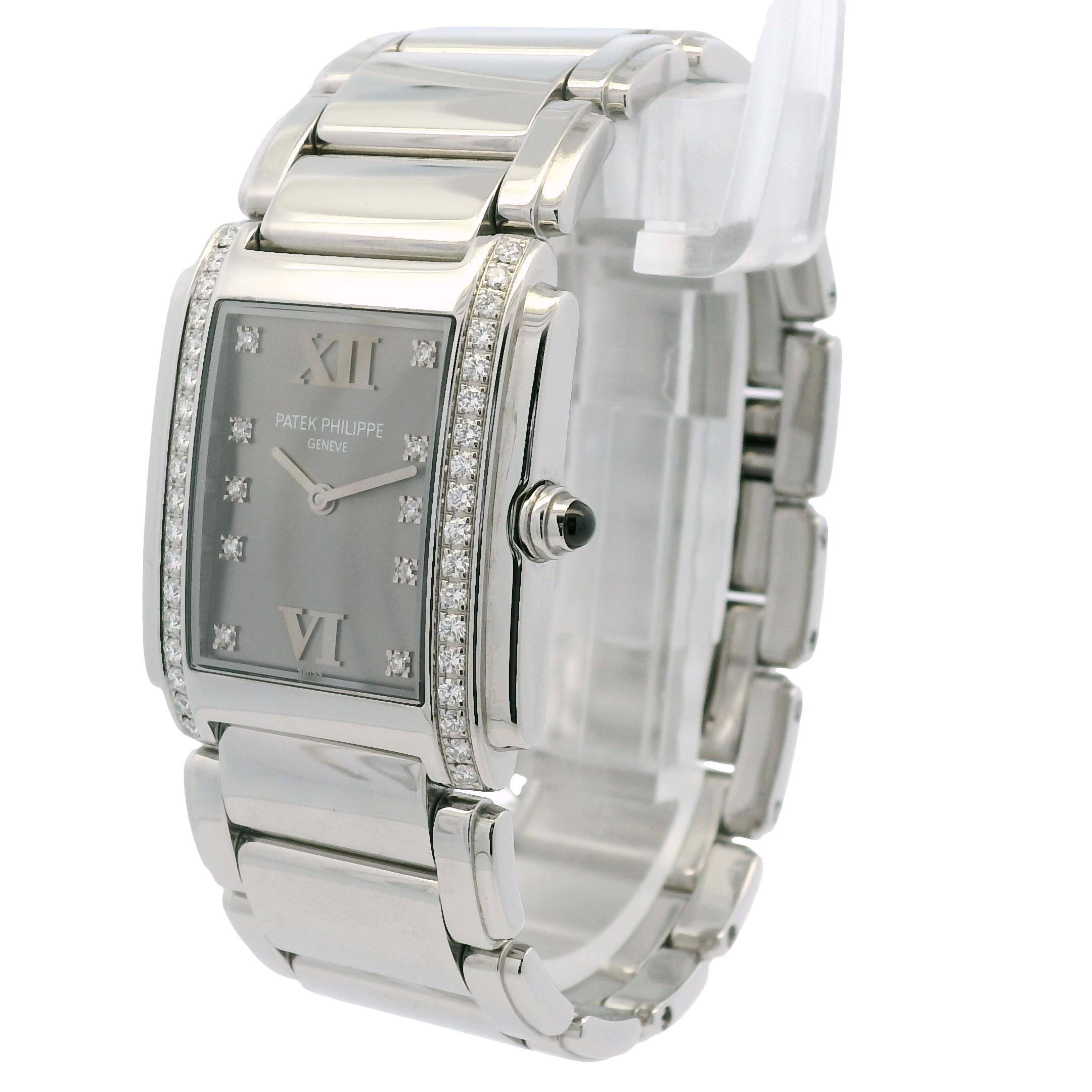 Women's Patek Philippe 4910/10A Twenty-4 Stainless Steel Gray Dial Diamond Ladies Watch For Sale