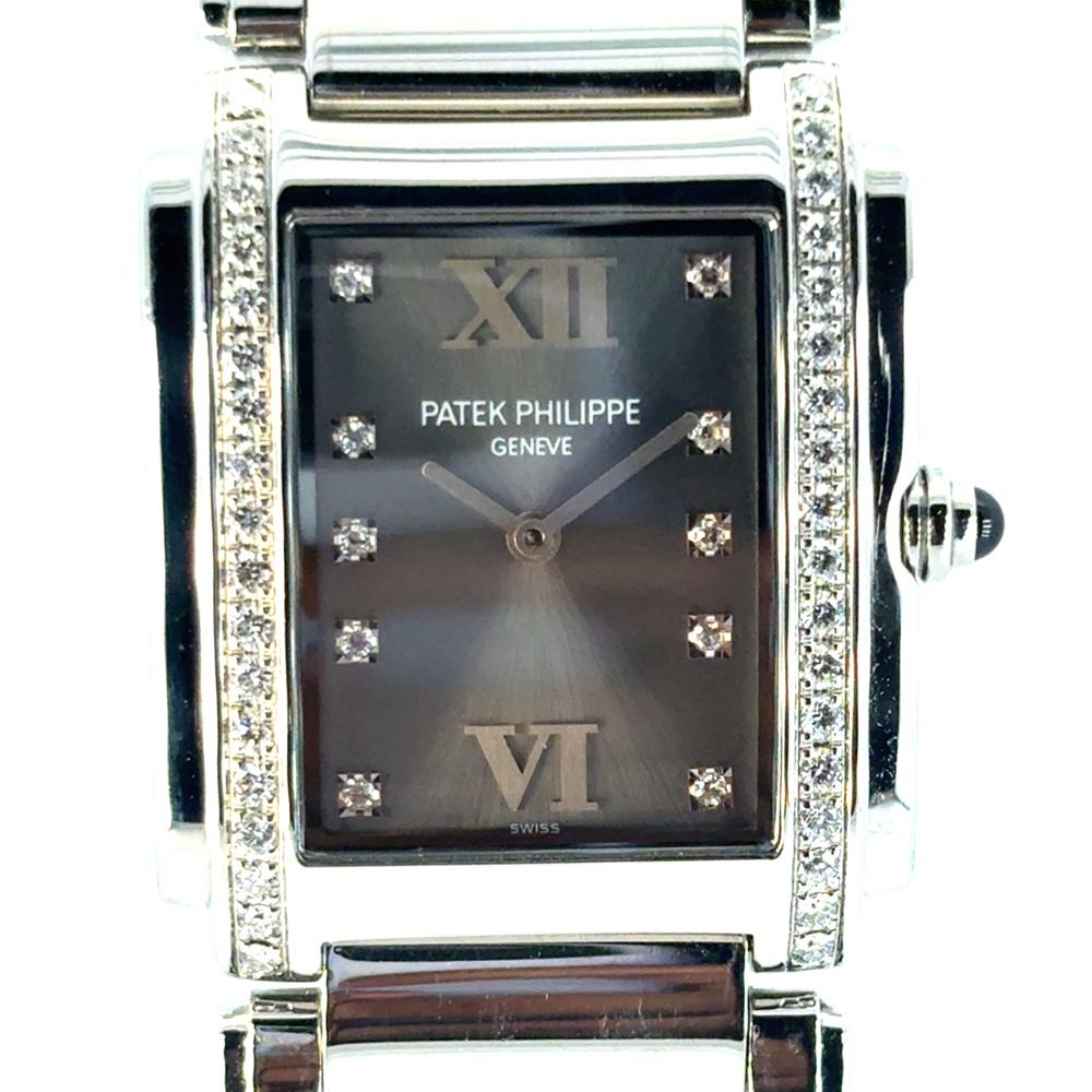 Round Cut Patek Philippe 4910/10A Twenty-4 Stainless Steel Gray Dial Diamond Ladies Watch For Sale