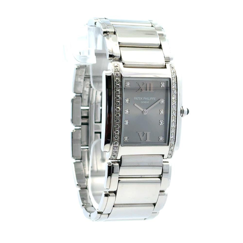 Round Cut Patek Philippe 4910/10A Twenty-4 Stainless Steel Gray Dial Diamond Ladies Watch For Sale